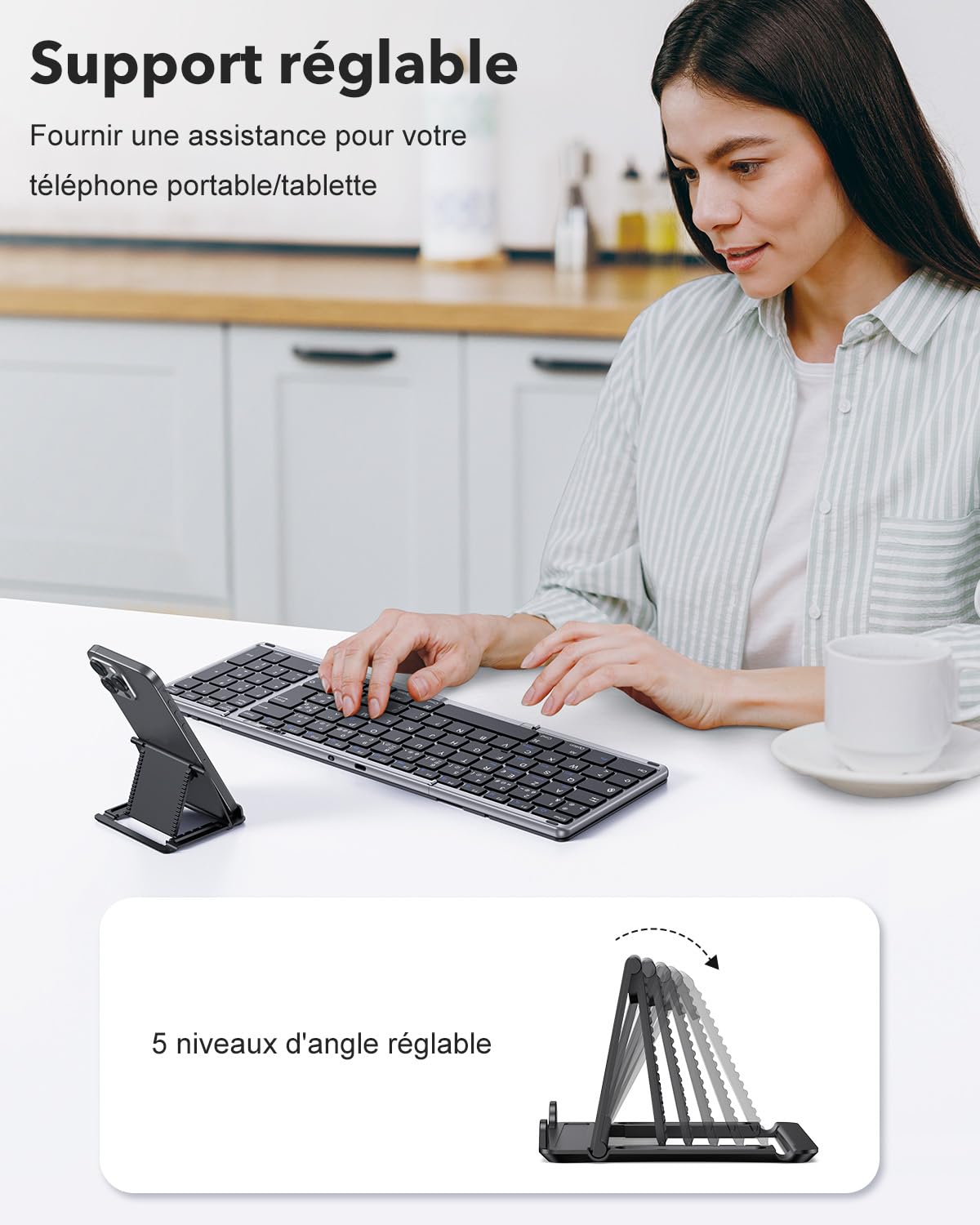 OMOTON Clavier Bluetooth Pliable avec Pavé Numérique, Clavier sans Fil AZERTY Rechargeable, Pleine-Taille, Portable Keyboard pour Android Windows iOS Mac iPad Tablette PC, Gris sidéral | Rechargeable, Multi-appareils, Portable, 60h Autonomie, Support inté