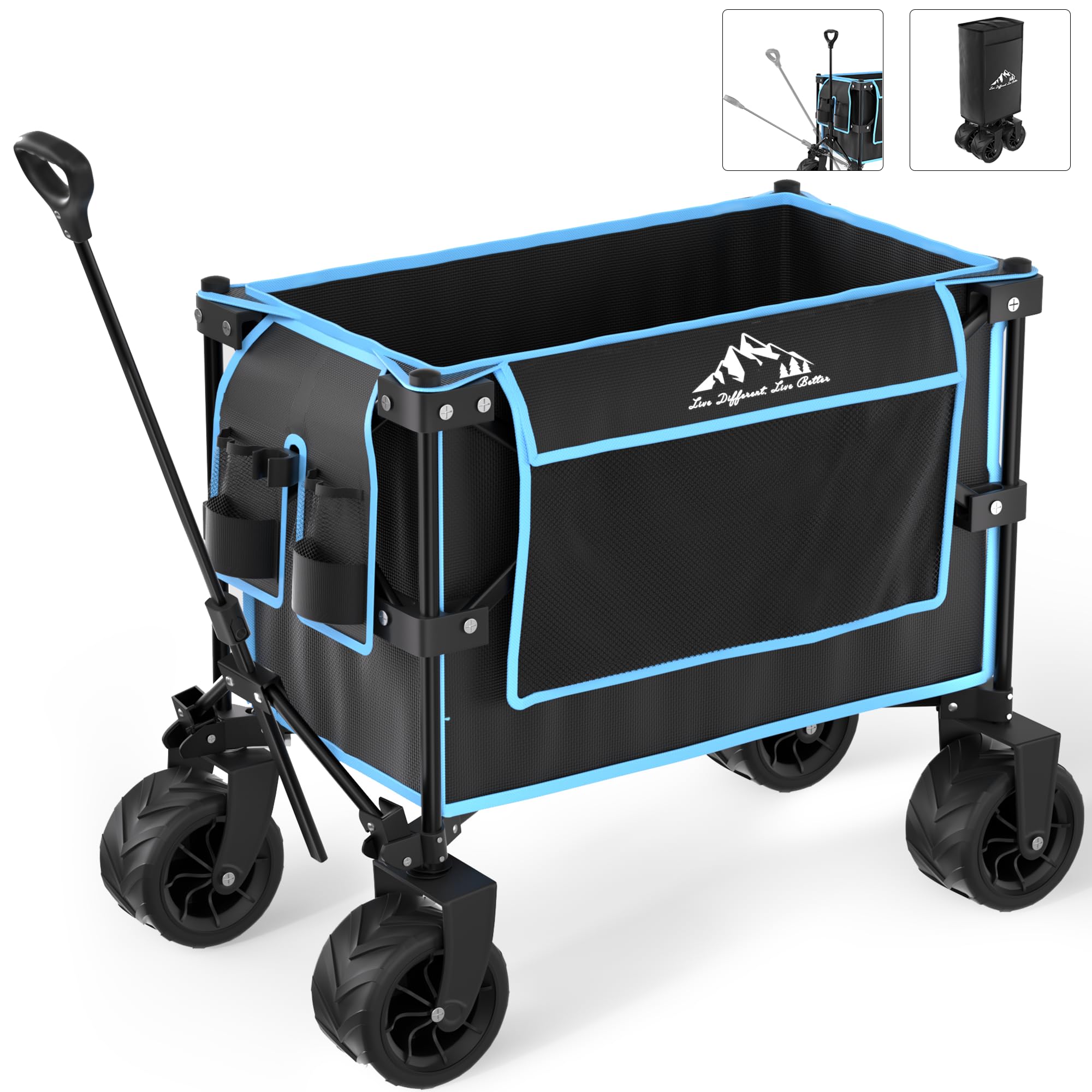Voysign Outdoor Wagon Garden Cart with Big Wheel, Collapsible Folding Cart Heavy Duty with Universal Wheels & Adjustable Handle, Utility Grocery Wagon for Camping Shopping, Sports - Black
