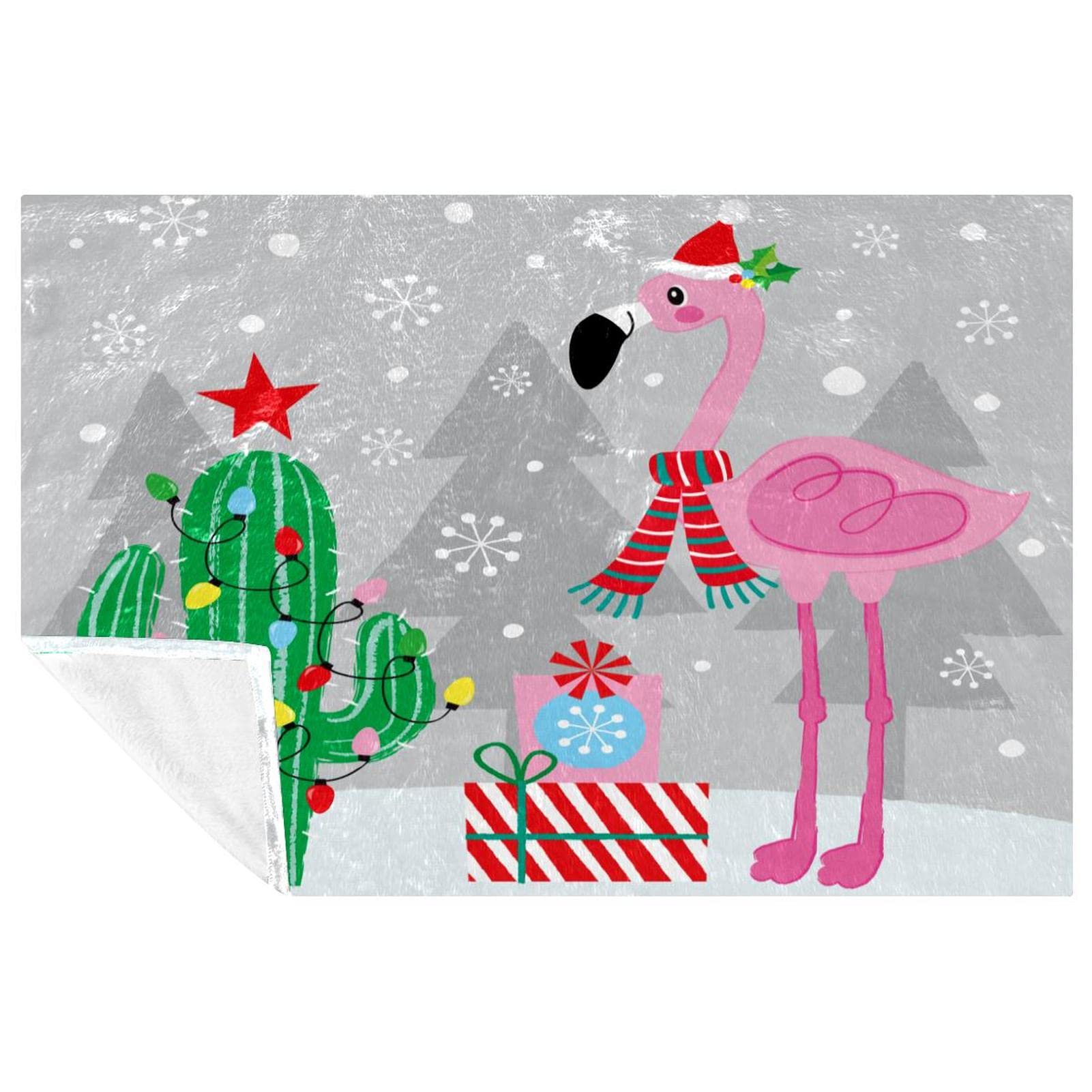 Couverture plaid flamant rose et cactus en neige 150x100 cm pour lit et canapé