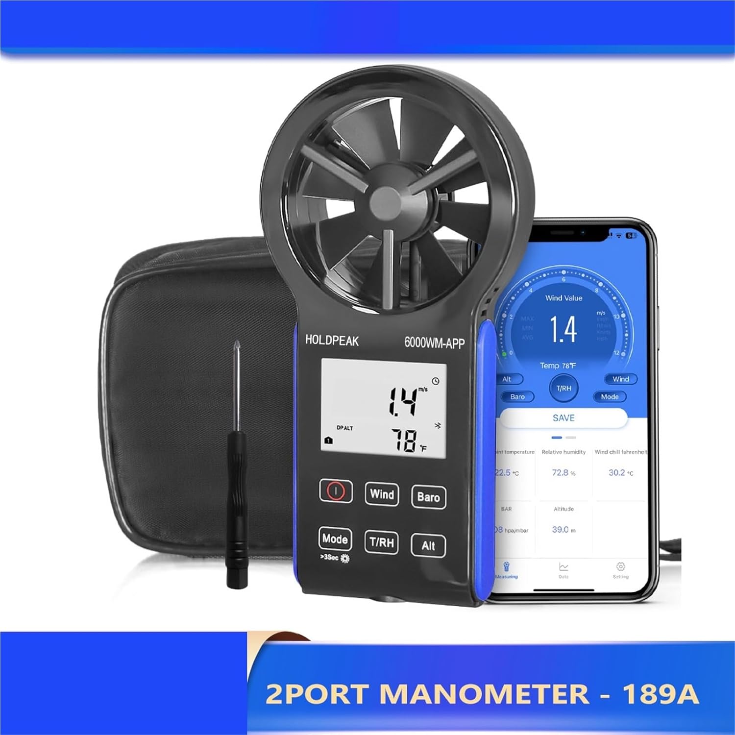 6000-WM-APP Smart Digital Anemometer, Wind Speed Gauge,HVAC Avg Air Volume,CFM Altitude, Barometric Pressure