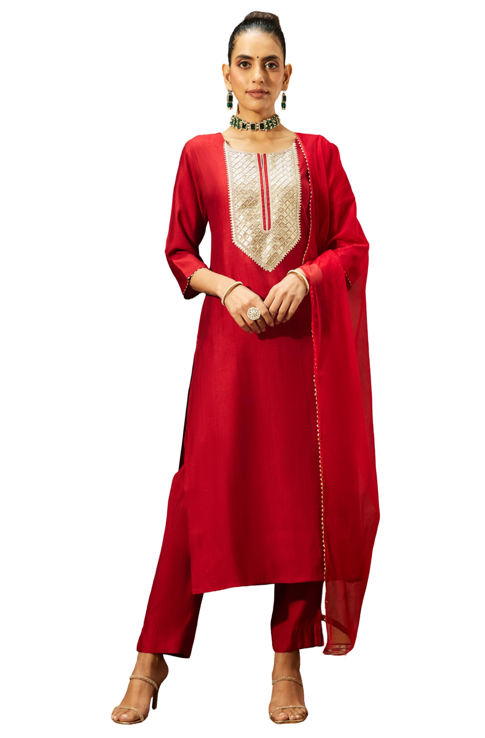 janasya Women's Maroon Silk Blend Embellished Straight Kurta Set-picture-25