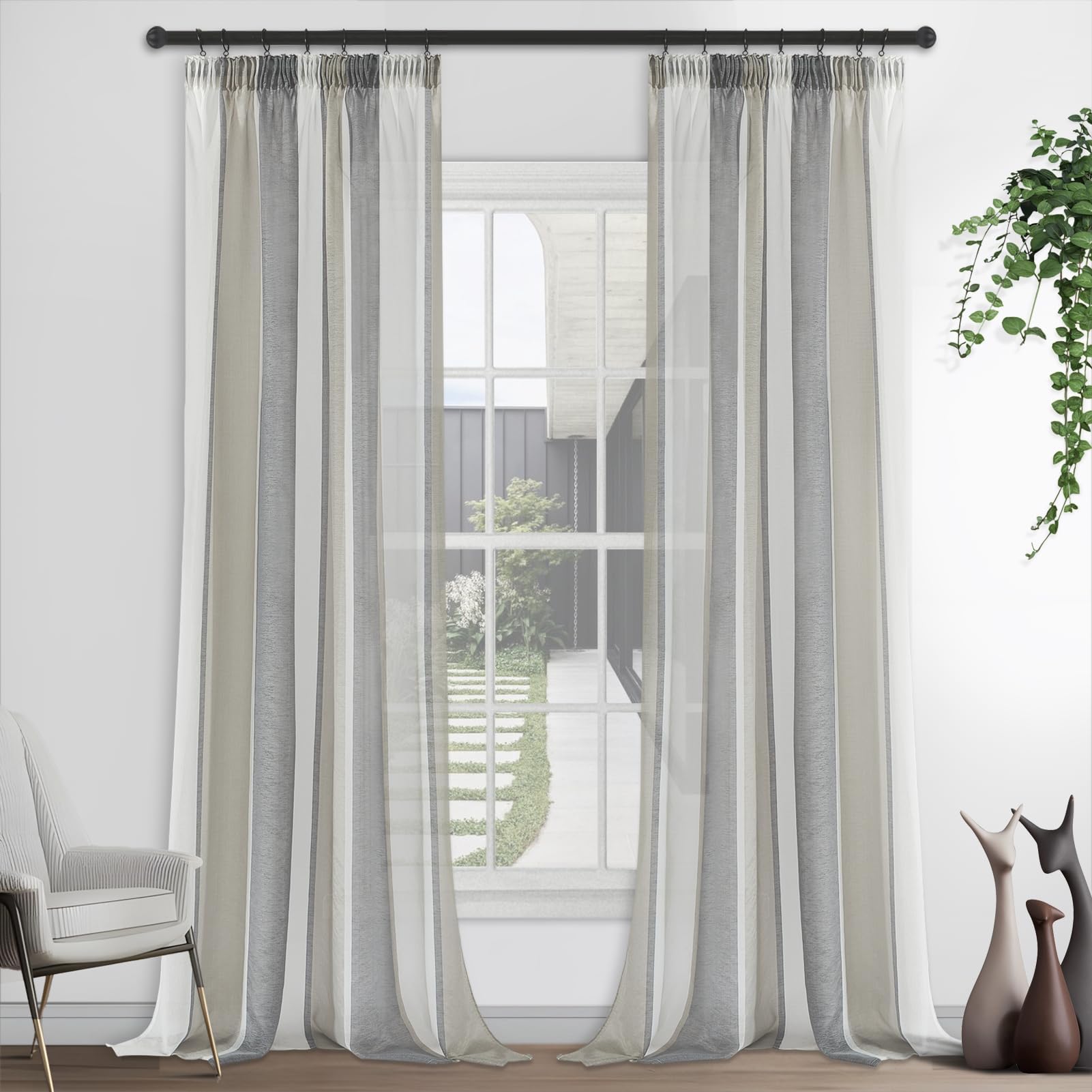 MRTREESInterior Curtains, Modern Curtains for Living Room, Elegant Transparent with Eyelets, Classic Striped Decorative Semi-Blackout Curtains for Indoors, 140 x 260 cm, White and Grey Two-Tone
