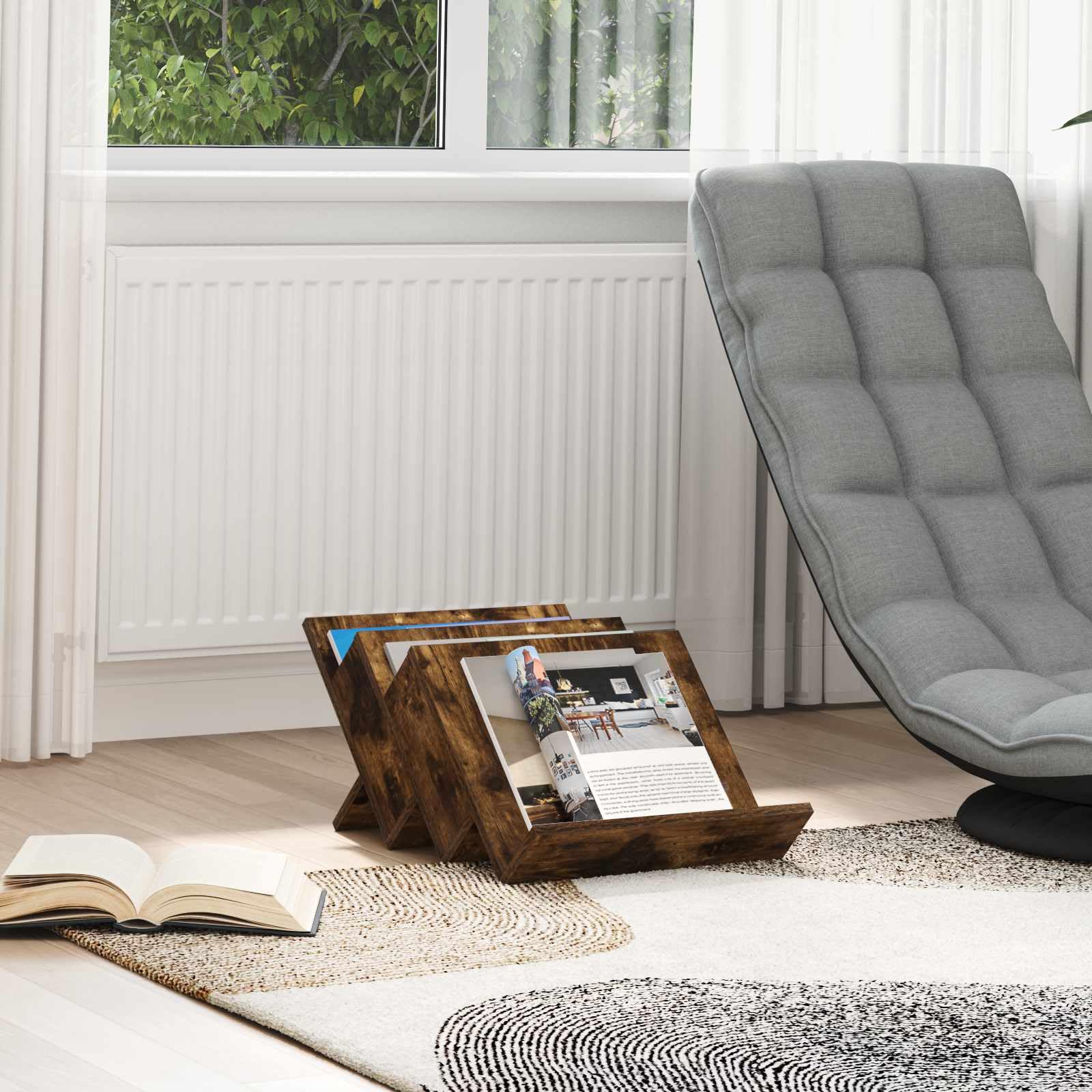Portariviste in rovere affumicato, 53 x 40 x 28,5 cm, con 3 ripiani, versatile portariviste per soggiorno, ufficio, bagno, conservazione stabile e pratico ripiano