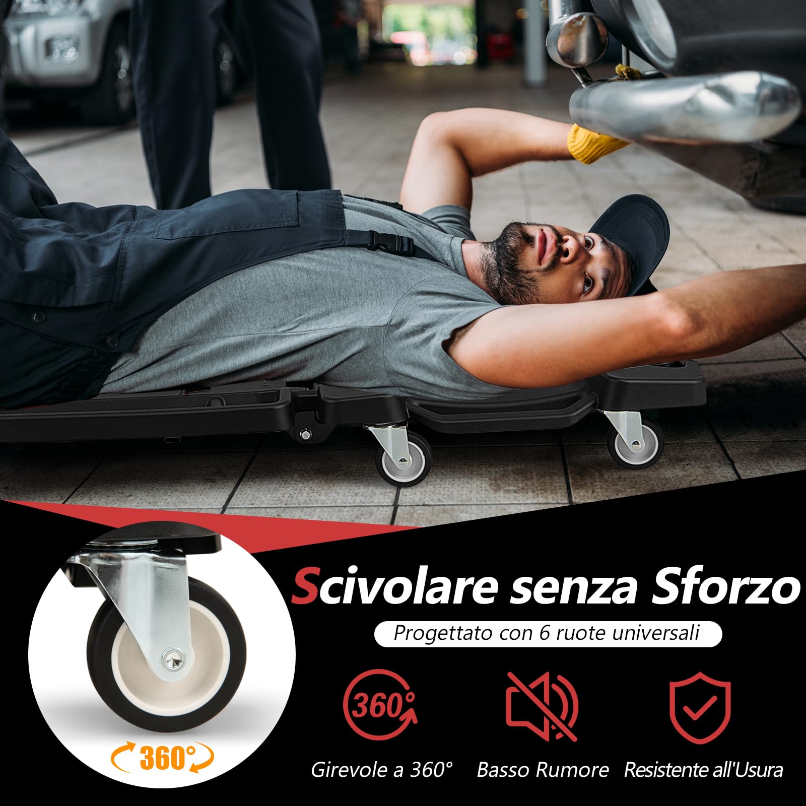 COSTWAY Carrello Sotto Auto Pieghevole, Lettino Sottomacchina da Meccanico con Poggiatesta Imbottito e Vassoio Portautensili, Portata 158 kg, Sdraio da Officina con Ruote per Garage e Riparazioni Auto