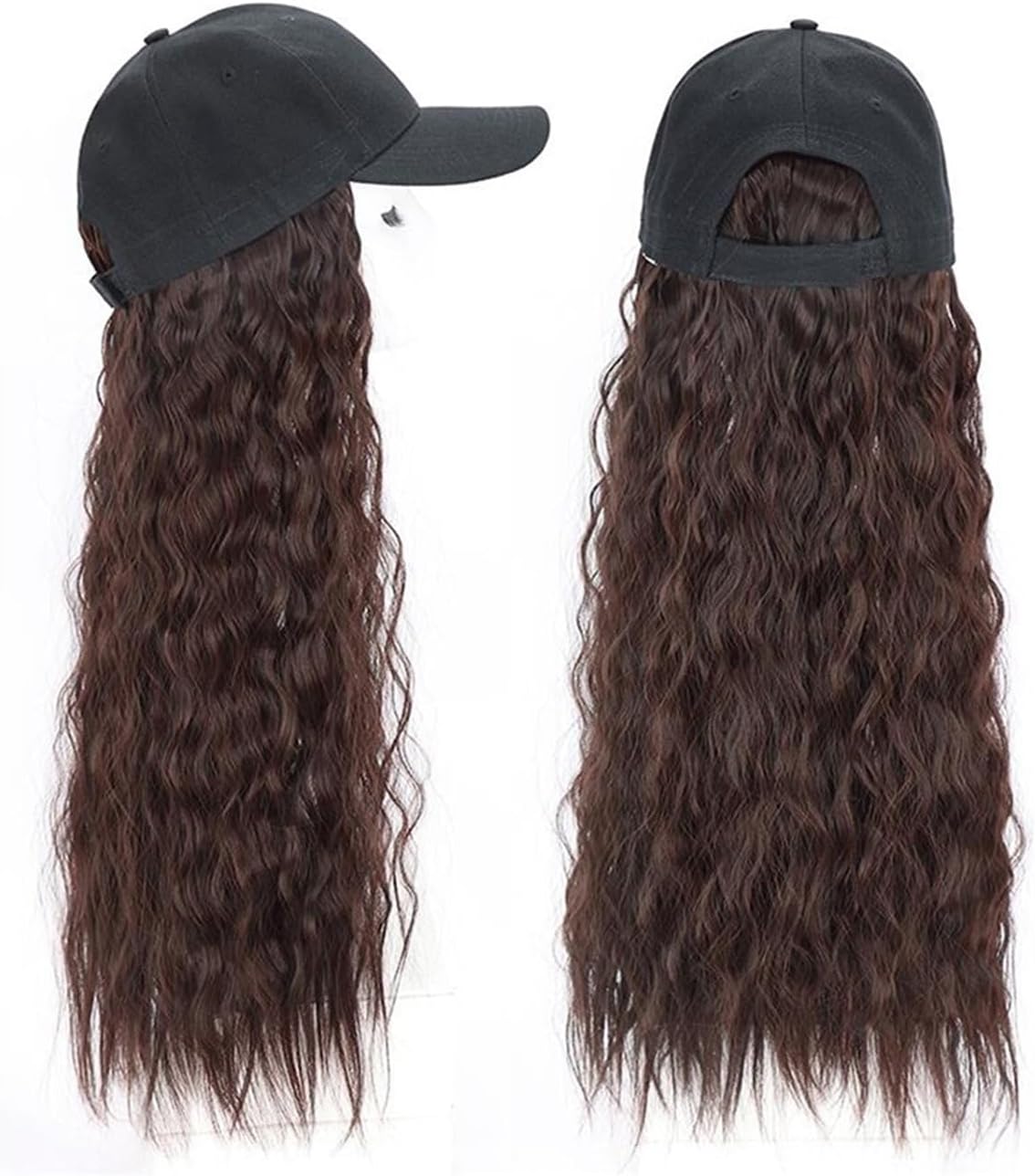 Wig Cap Long Curly Wig with Baseball Cap for Women Synthetic Hair with Cap One Piece Adjustable Hat with Hair Wig Hair Extension Cap(C)