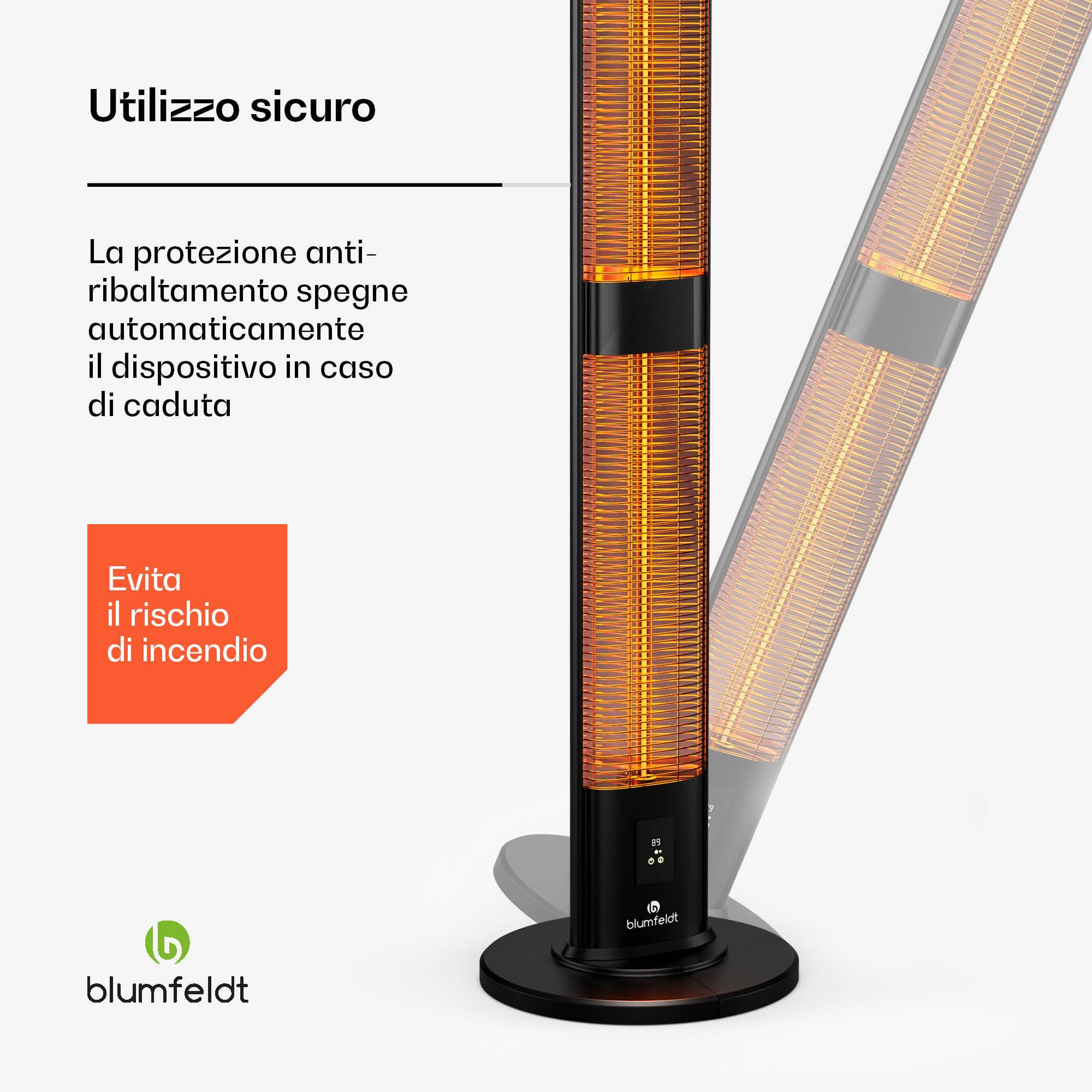 blumfeldt BlazeTower Riscaldamento a Infrarossi - 3000W, 3 Impostazioni di Calore, IP45, Protezione Antiribaltamento, Telecomando & Timer 24 Ore - Stufa da Esterno per Balcone & Giardino
