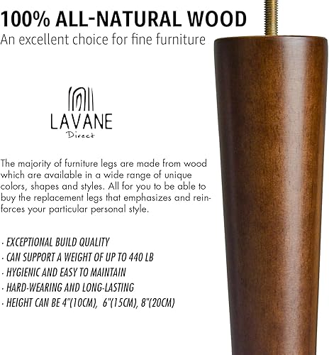 Miniatura 3 de Patas de madera para muebles de 4 pulgadas  3.9 in, juego de 4 patas de repuesto de muebles de madera maciza de nogal M8 con pernos preperforados de