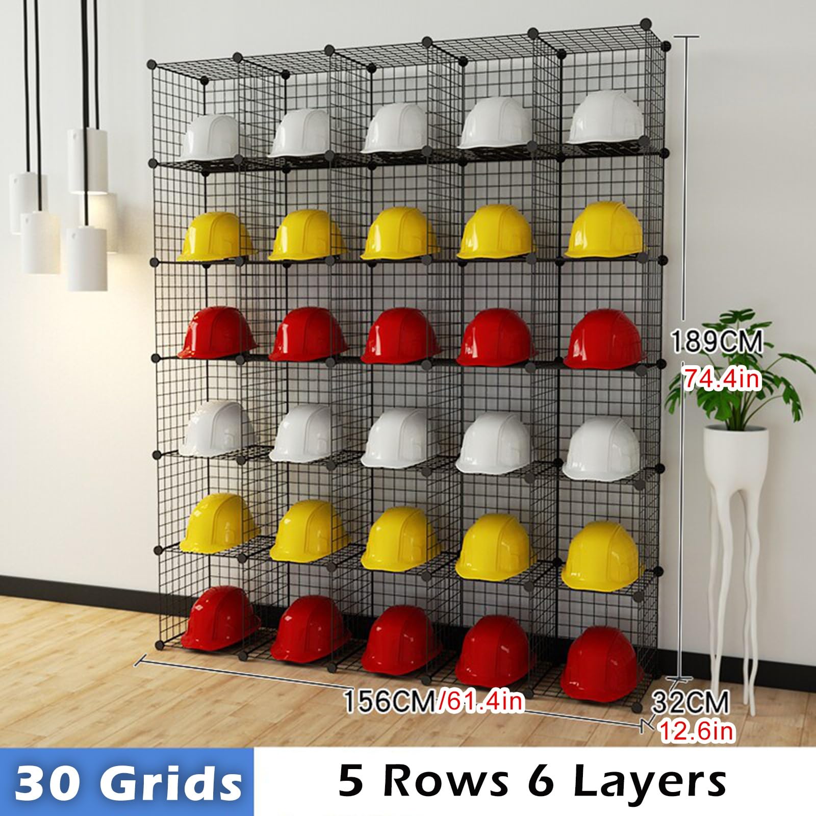 soporte casco moto Organizador de almacenamiento apilable con rejilla de alambre de hierro, 30 cubos grandes, para casco, estante negro para casco de seguridad para fábrica y taller(6pc)