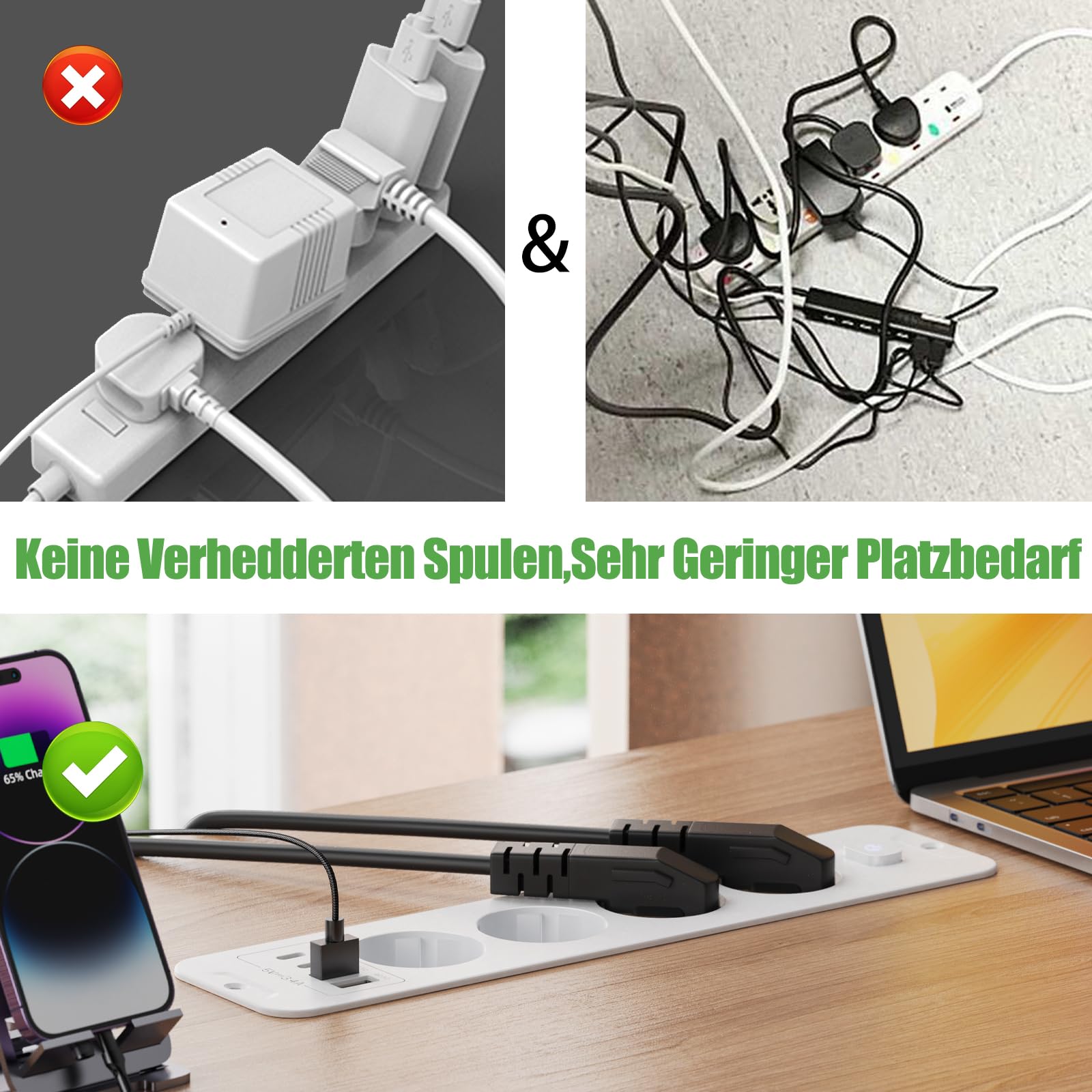 Toma de Empotrar Corriente con 2 USB y 2 Type-C, 4 Tomas Enchufes Multiple Empotrada de Sobremesa con Interruptor, Regleta de Enchufes Empotrada con Cable de 2M para Muebles de Encimera, Blanco — view 6
