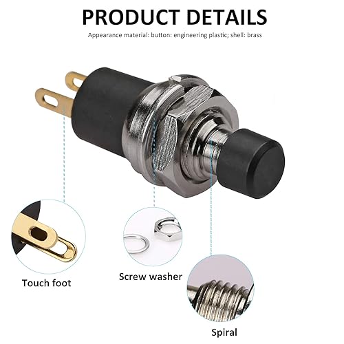 Miniatura 5 de DIYhz Interruptor de botón de encendido y apagado SPST de bloqueo automático, 5 unidades, CA 250 V3 A, negro