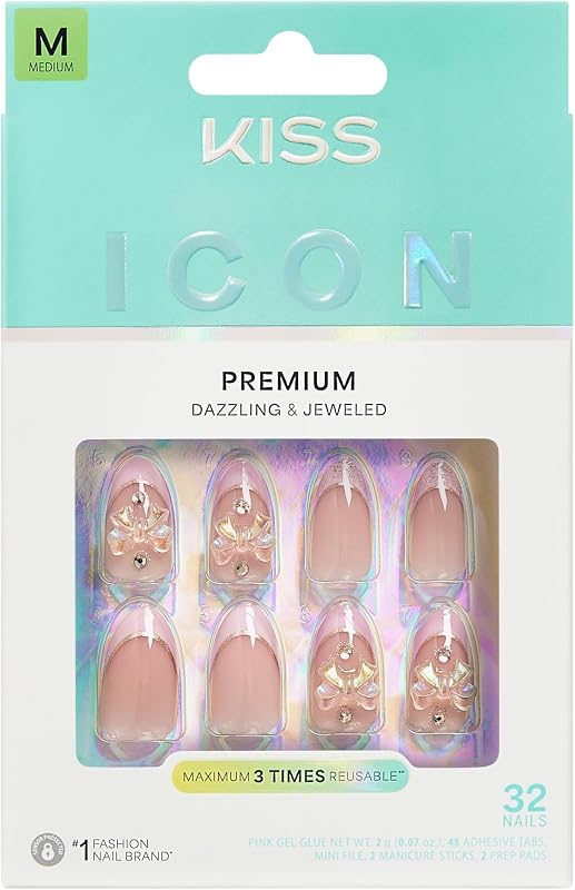 Icon, Press On Nails, Nail glue included, 'Vibrant', Pink, Medium Size, Almond Shape, Includes 32 Nails, 2g Glue, 2 Manicure Stick, 1 Mini File, 2 Prep Pads, 48 Adhesive tabs