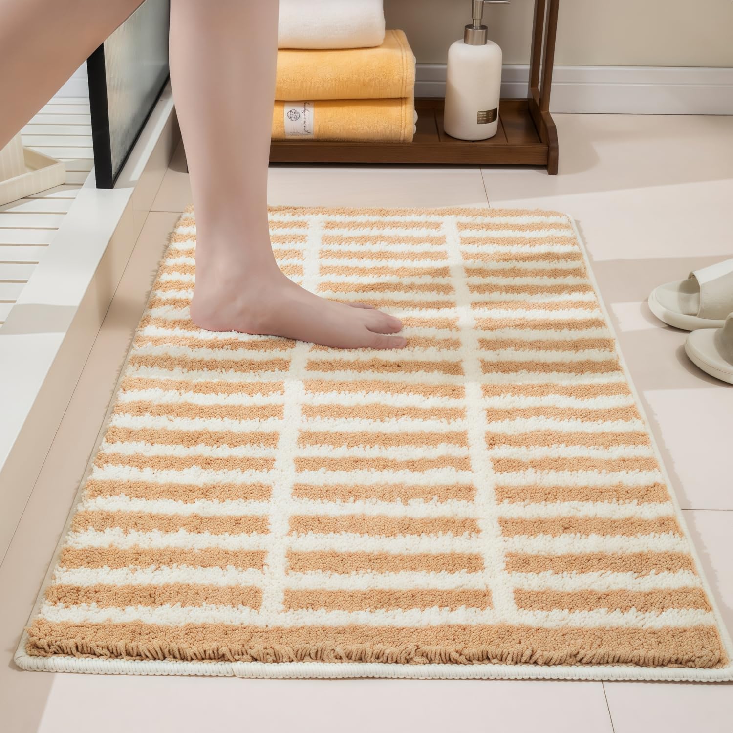 GIB Brown & White Striped Bathroom Rug - 63"x20", Extra Soft Microfiber, Non-Slip
