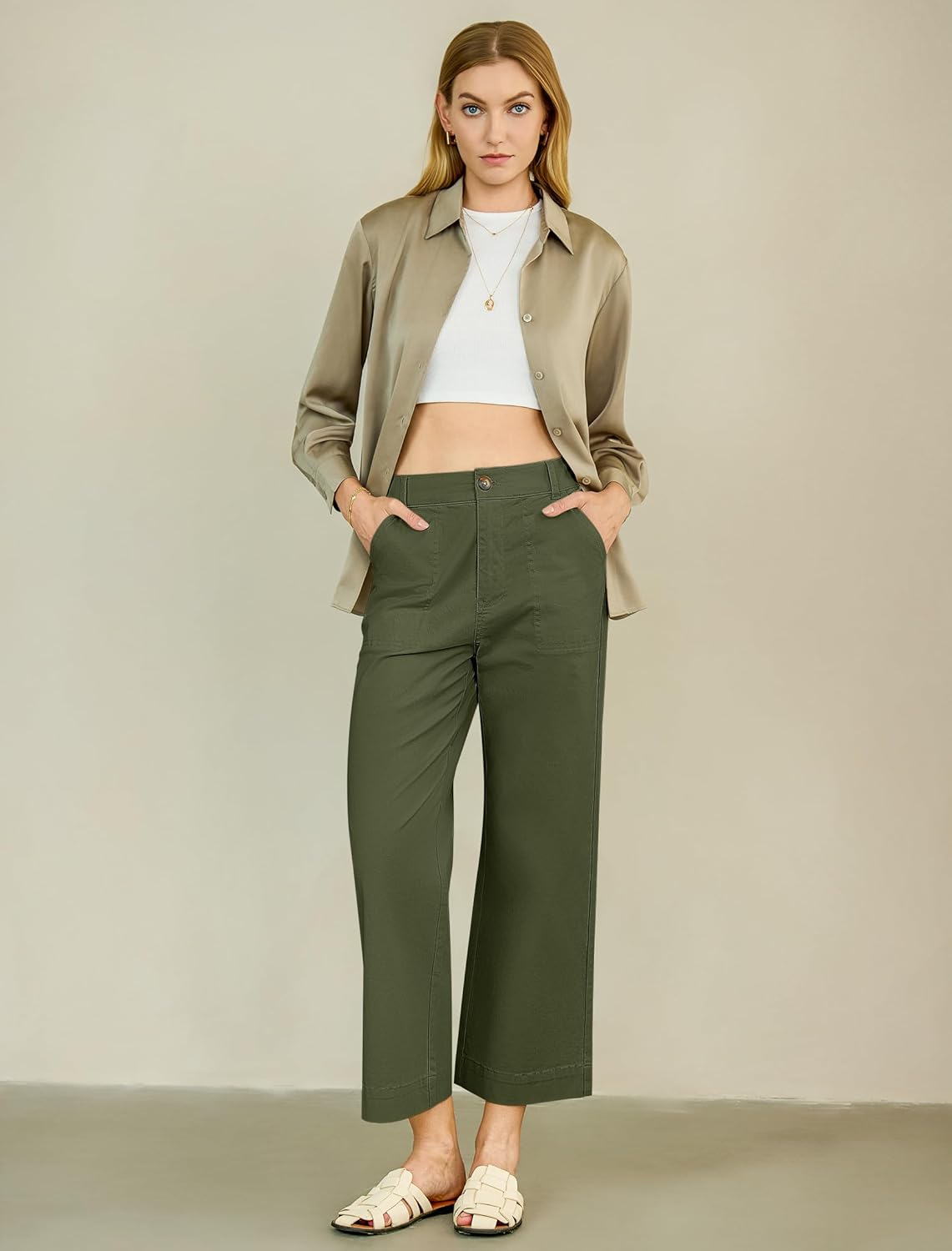 Eddoyee Womens Wide Leg Ankle Pants, High Waisted Straight Leg Stretch Casual Elastic Waist Cropped Pants - Image 7