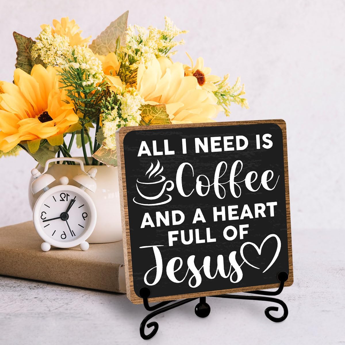 Christian Coffee Bar Decor, 5 x 5 Inch Rustic Wooden Sign with Stand image 3
