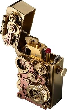 Unique Retro Soft-Flame Copper Mechanical Kerosene Lighter, Automatic Ignition, Refillable, Steampunk, Gear Linkage, Safety Lock, Luxury, Complex, Collectible, Gift for Boyfriend, Thorens