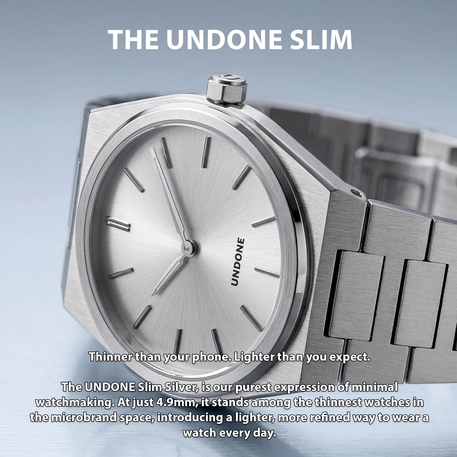 UNDONE Slim – Herrenuhr, Uhren für Herren – 37 mm Edelstahlgehäuse und Armband, Sunray Silver Zifferblatt, Schweizer Ronda 1062 Uhrwerk – Geschenk
