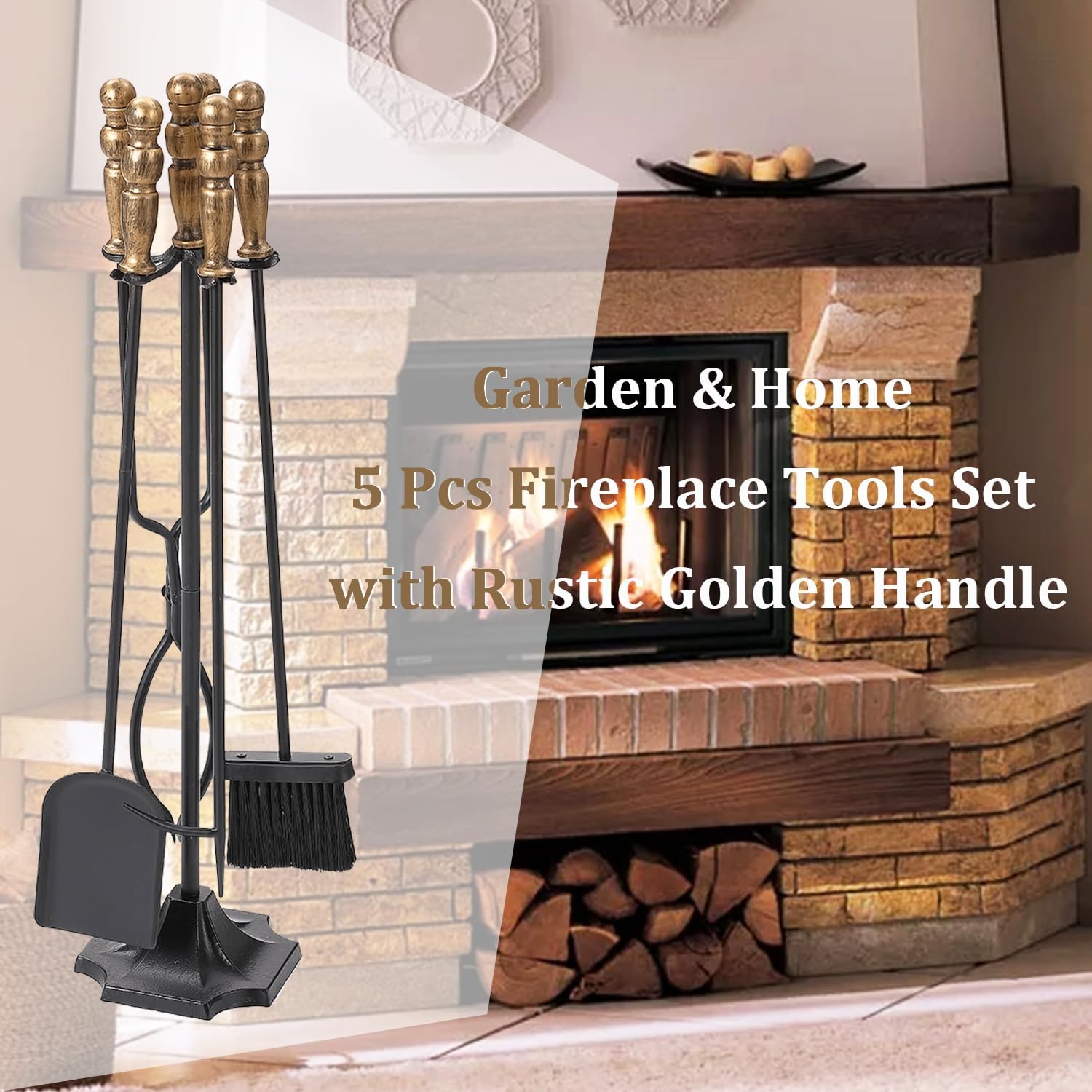 5 Piece Fireplace Tools Set, Wrought Iron Fire Place Tool Set with Gold Handle for Indoor Outdoor, Heavy Duty Base with Fire Poker, Brush, Shovel, and Tongs