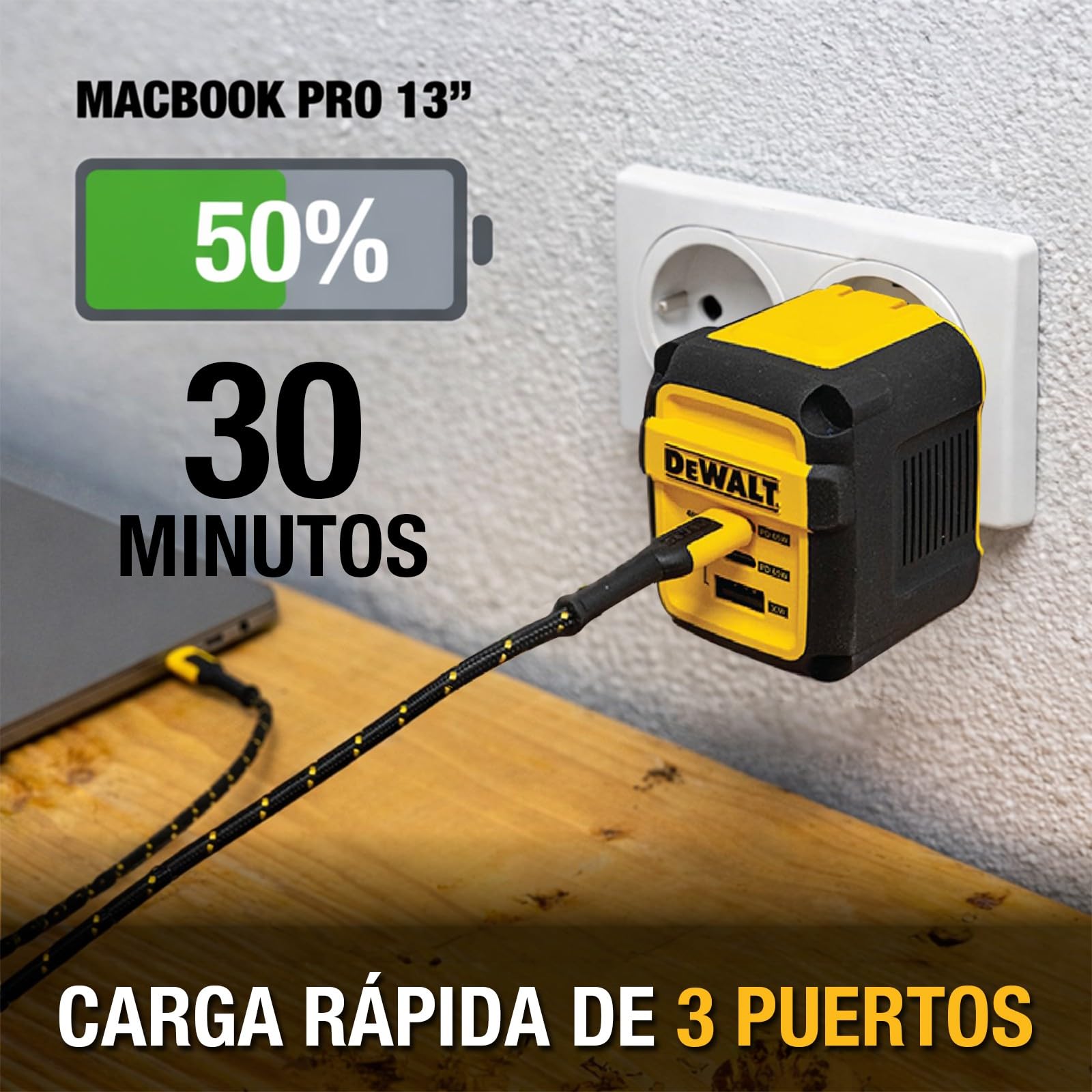 DEWALT Cargador USB-C GAN 65W con Enchufe UK, Adaptador de Corriente 3 Puertos (2 USB-C + USB-A), Carga Rápida PPS Compacto para MacBook, iPad, Galaxy, DELL XPS, iPhone 17/16/15