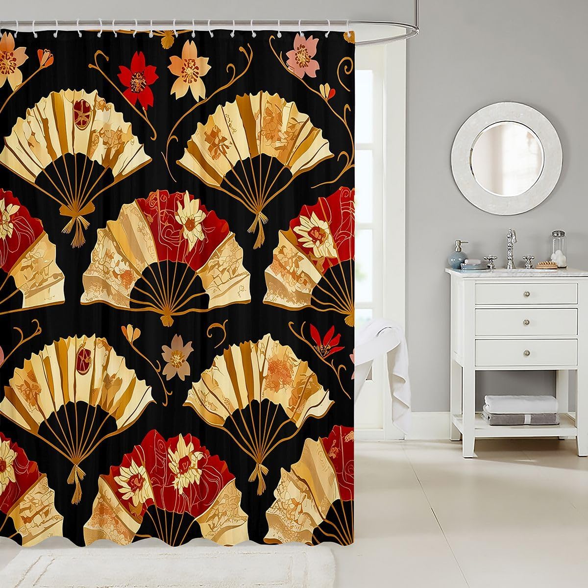 Erosebridal Japanese Folding Fans Shower Curtain Japanese Style Waterproof Bathroom Curtains, Cherry Blossoms Bathtub Decor Gold Fan with Floral Pattern Bathroom Accessories 72" Wx72 L image 2