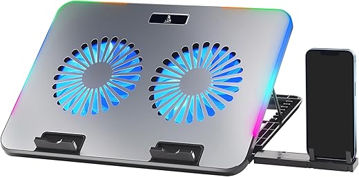 TAG Gamerz Silverbolt Laptop Cooling Pad – Aluminium Metal Build, Dual Silent Blue LED Turbo Fans, 10 RGB Modes, Detachable Mobile Holder, 7 Level…