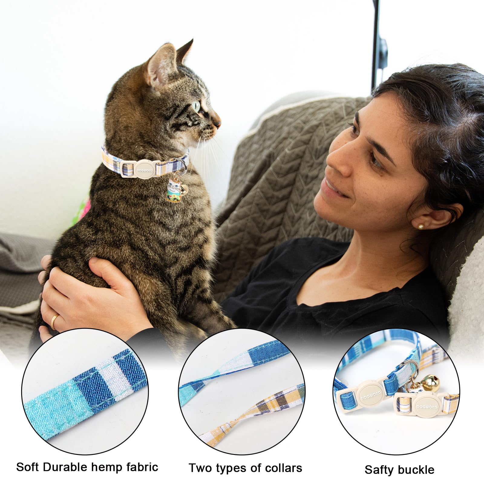 Collar para gato, paquete de 2 collares de gato a cuadros azules con campana, collar de gato con hebilla de seguridad DOGWONG para niñas, niños, gatos y perros pequeños, collar ajustable para gatitos