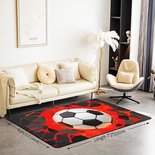 Miniatura 2 de Alfombra de fútbol de 5 x 7 pies para niños, temática deportiva, para sala de estar, dormitorio, hombres, hombres, rojo y negro, patrón de pelota de