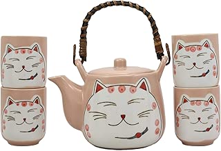 Ebros Gift Japanese Design Maneki Neko Lucky Beckoning Cat Matte Pink 20oz Ceramic Tea Pot and Cups With Strainer Set Service For 4 Excellent Home Decor Teapots Housewarming Birthday Feline Cats Gifts - coolthings.us