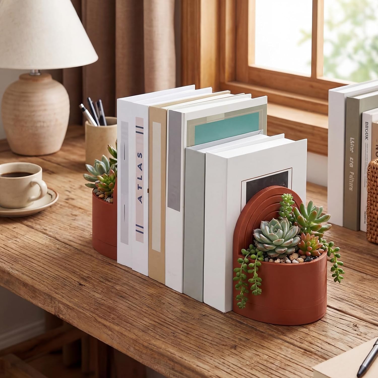SiliFine Plant Pot Bookends with Hidden Water Tray 3D Printed Planter Bookend for Decorative Bookend Plants Pot Holder Shelf Accessory or Plant Lovers Readers Gift, Plants Not Included(Red Clay Color)