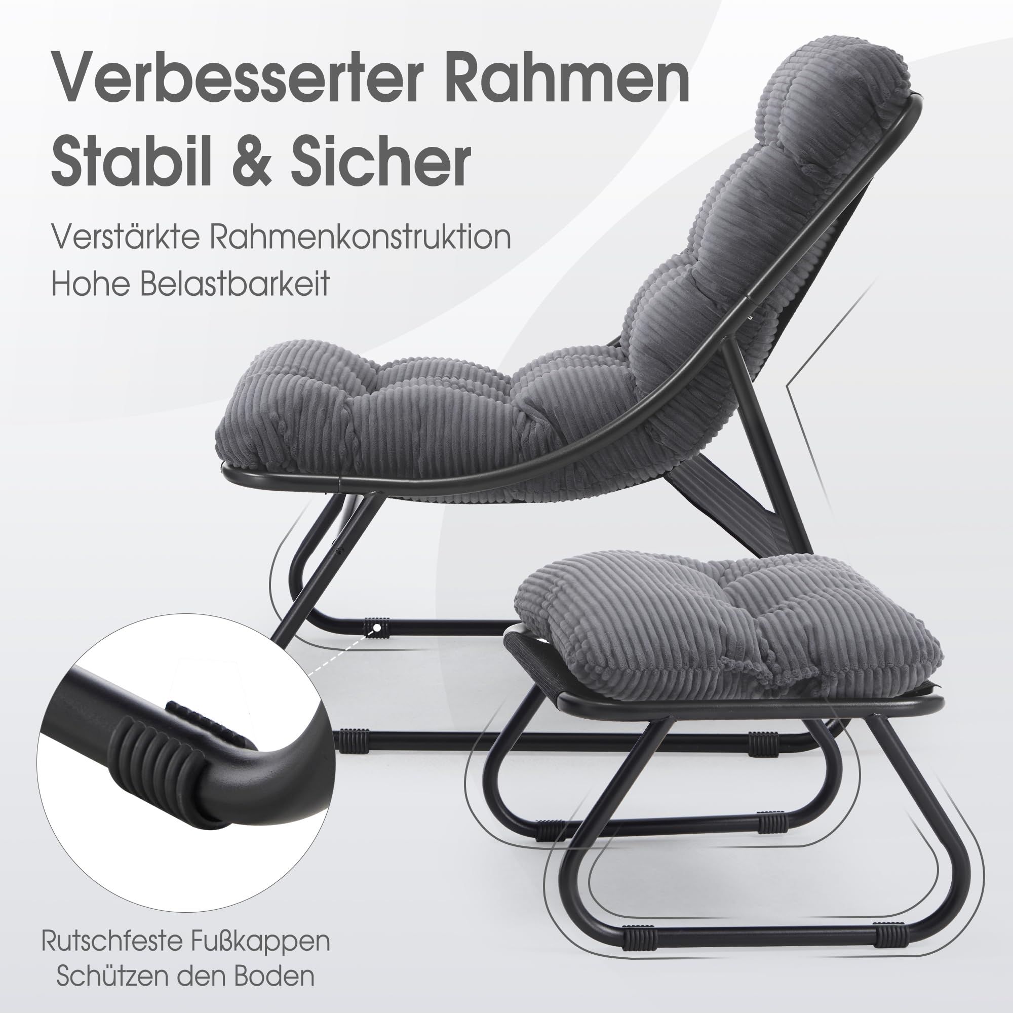 Ohrensessel mit Hocker, Bequemer Lesestuhl, Ergonomischer Lounge-Stuhl für Wohnzimmer, Schlafzimmer oder Büro auch für Terrasse, Balkon, Garten, Indoor & Outdoor, Marineblau, Dunkelgrau