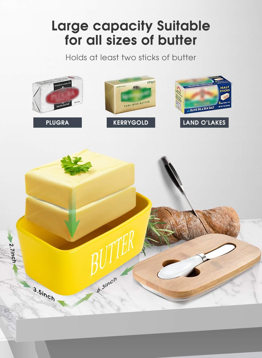 Large Butter Dish with Lid, Porcelain Butter Container with Knife Holds 2 Sticks of Butter with Double Silicone Seals design - Image 4