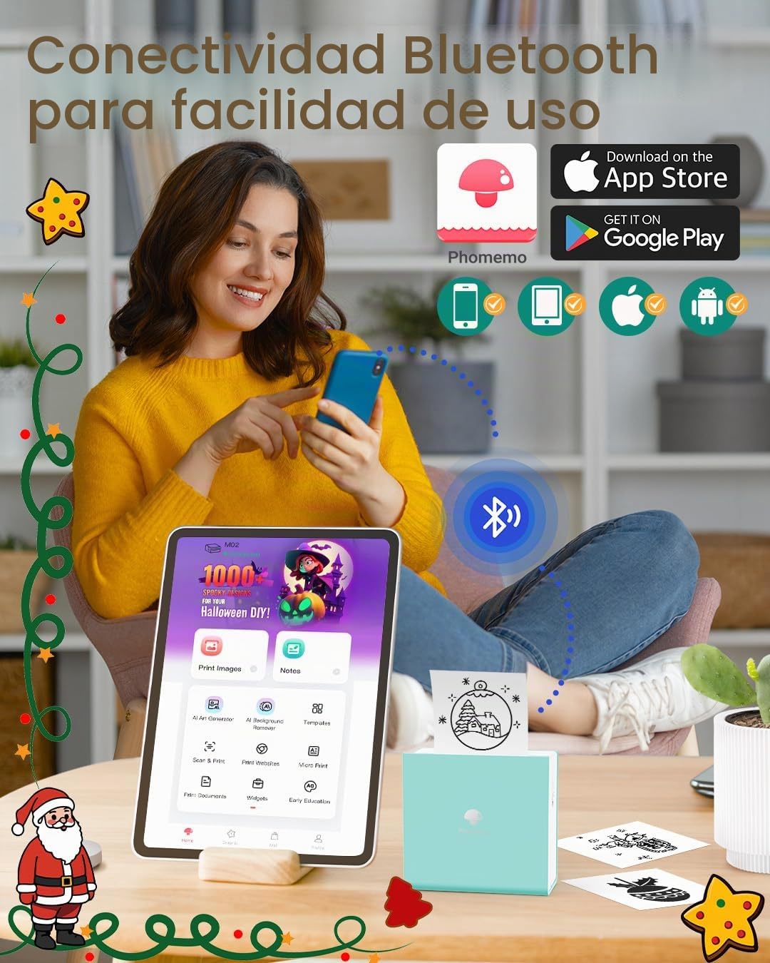 Phomemo Impresora de Bolsillo M02 Mini Impresora Bluetooth portátil térmica con y Cable USB, Compatible con Android y iOS, para Diario, Estudio, Bricolaje, Verde