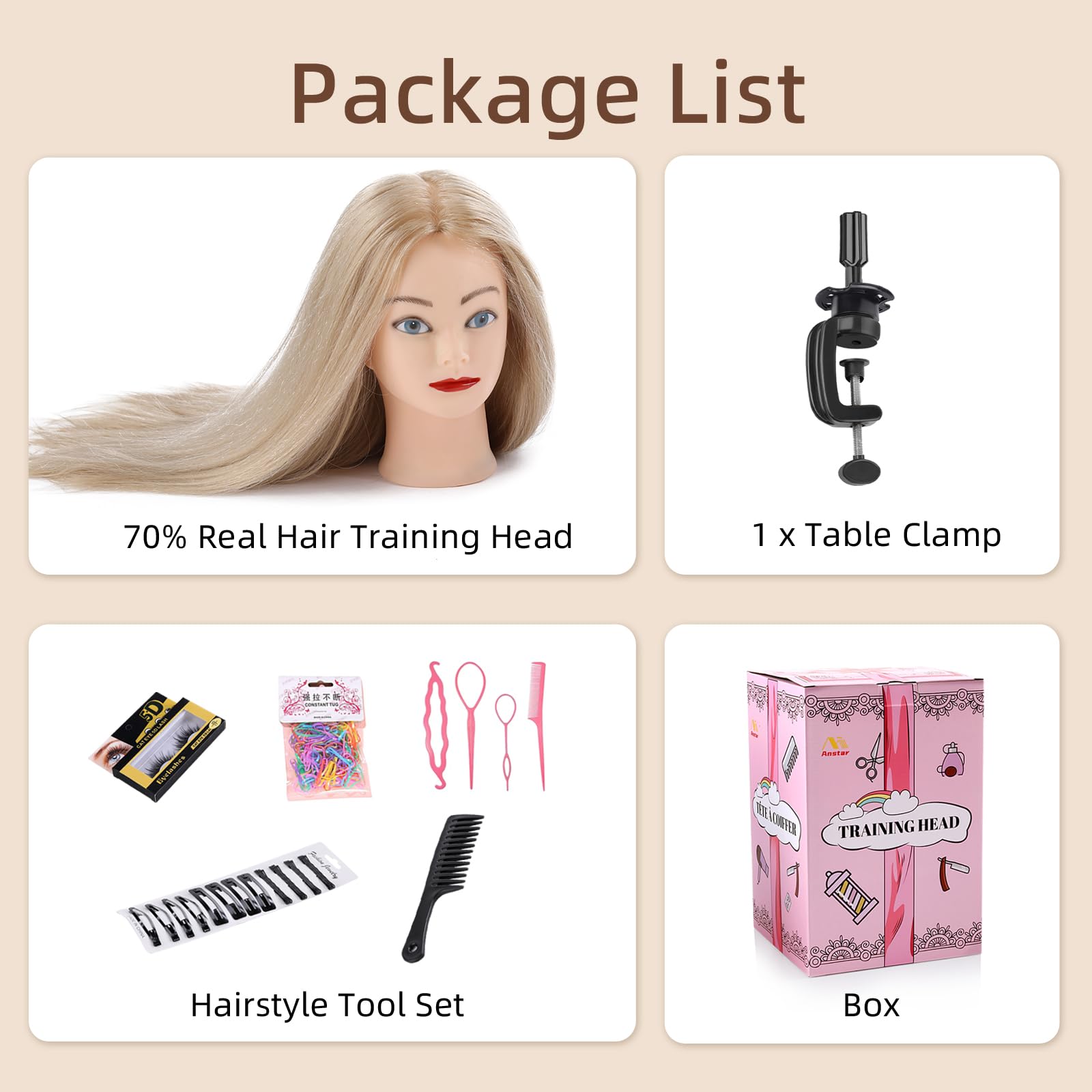 Frisierkopf 70% Echthaar Übungskopf 24 Zoll Friseure Ausbildung Kopf mit Halter DIY Haare Set