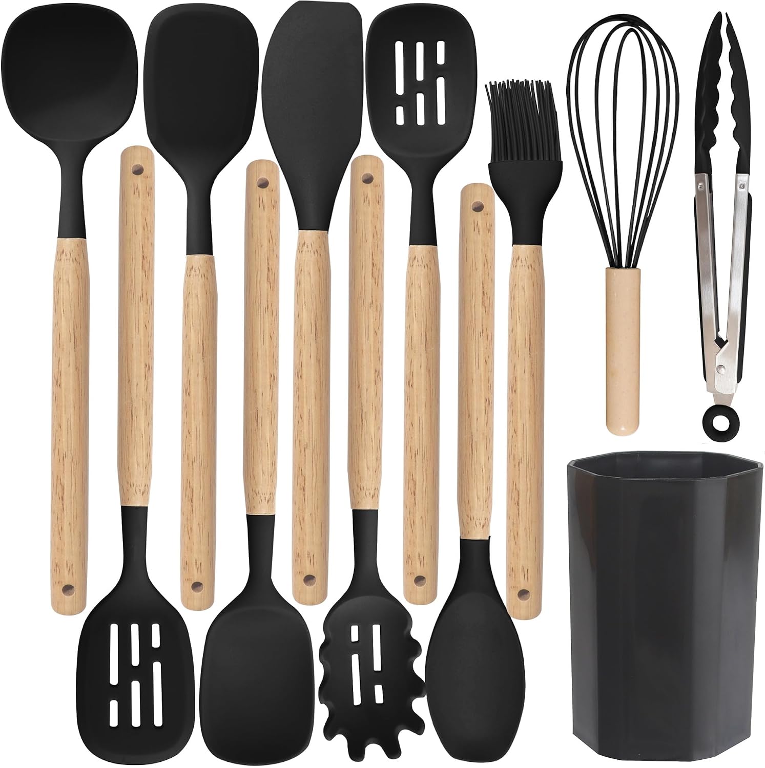 K chenhelfer Set12 St ck Silikon Kochutensilien Kochbesteck SetHitzebest ndiger Kochgeschirr mit UtensilienhalterAntihaft Kochset K chenutensilien Sp lmaschinengeeignet SchwarzB