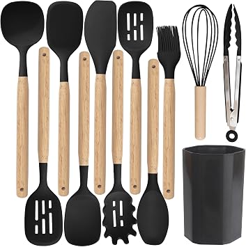 Küchenhelfer Set12 Stück Silikon Kochutensilien Kochbesteck SetHitzebeständiger Kochgeschirr mit UtensilienhalterAntihaft Kochset Küchenutensilien Spülmaschinengeeignet (SchwarzB)