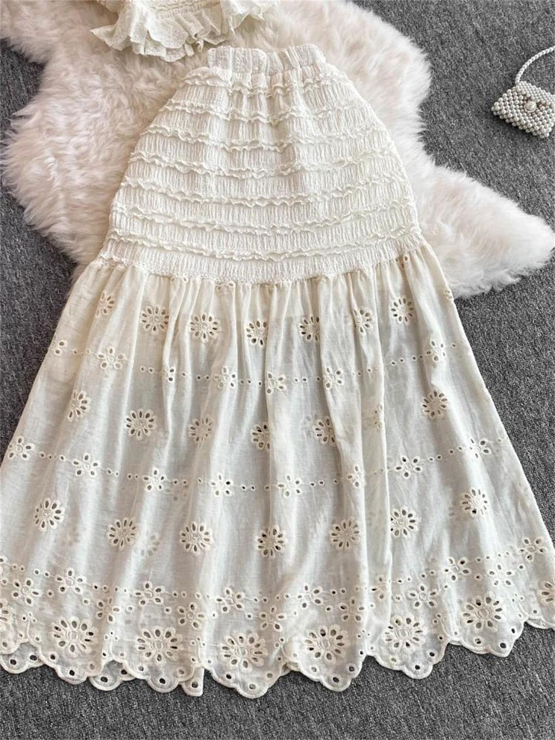 Women's Office Lady Slash Neck Short Flying Sleeve Pullover Lace Hollow Out Short Top And Elastic Waist Ankle Length Skirt