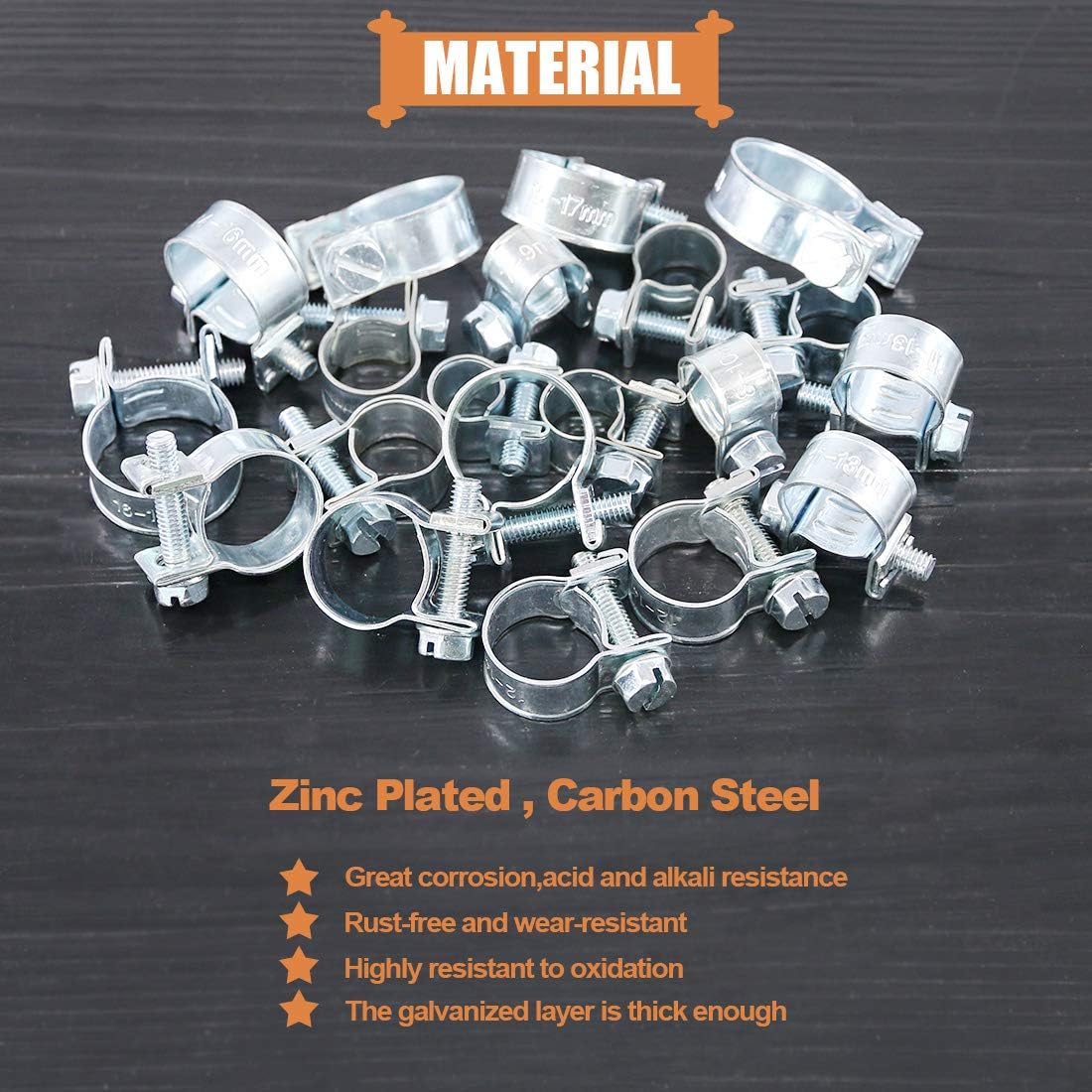 Keadic 60Pcs 10 Sizes Adjustable Zinc Plated Carbon steel Mini Fuel Injection Style Hose Clamp Assortment Kit for Various Diesel Petrol Pipe