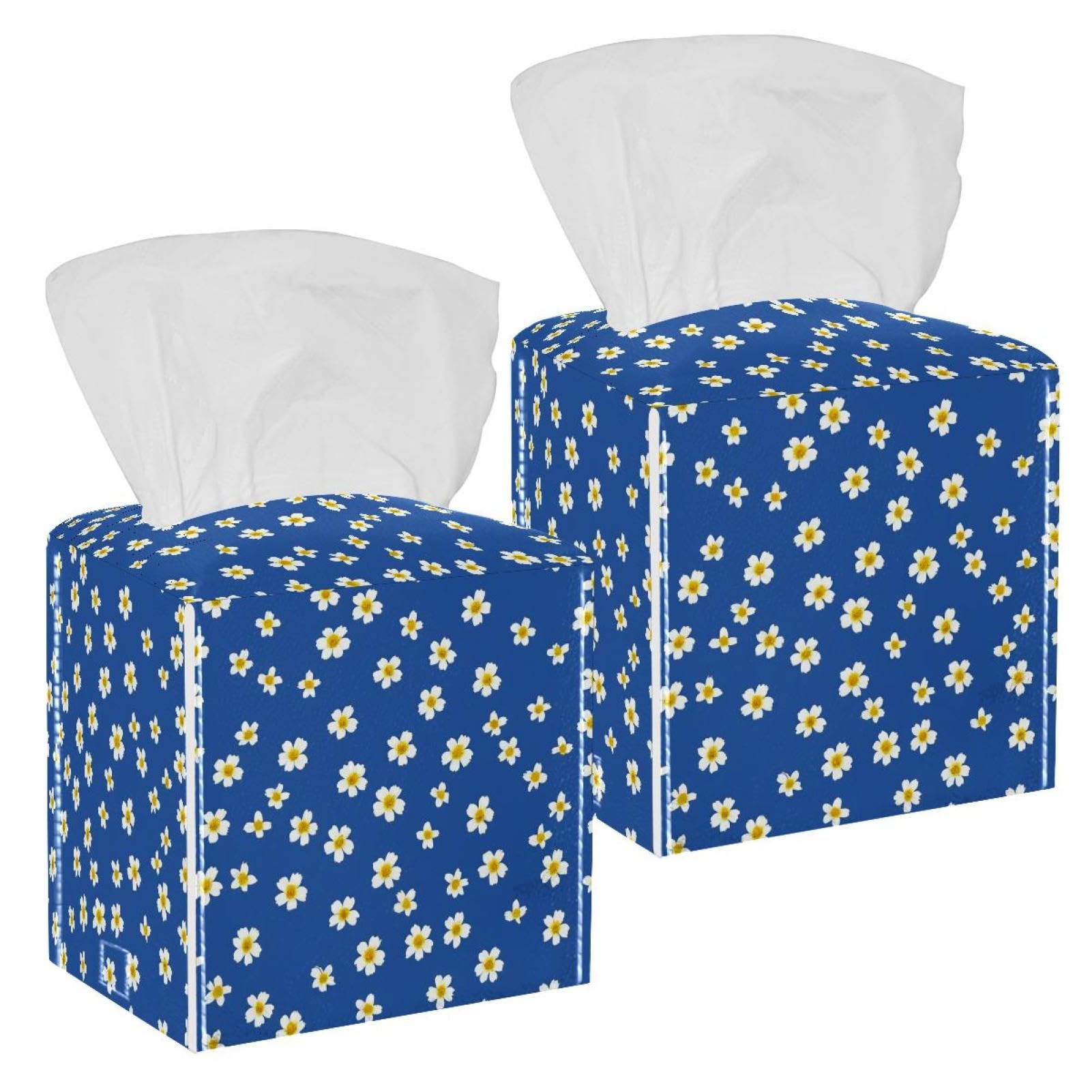 Daisy Tissue Box Cover, 2 Pack PU Leather Square Facial Tissue Dispenser Box holder for Home Office Car