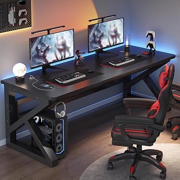 Gaming Desk, Black, Double Computer Desk, PC Desk, Low Type, Compact, Carbon Fiber, Gaming Table, Non-slip, Durable, Easy to Install, Space Saving, Width 70.9 inches 180 cm, Depth 23.6 inches 60 cm, Stylish Telework Desk Black