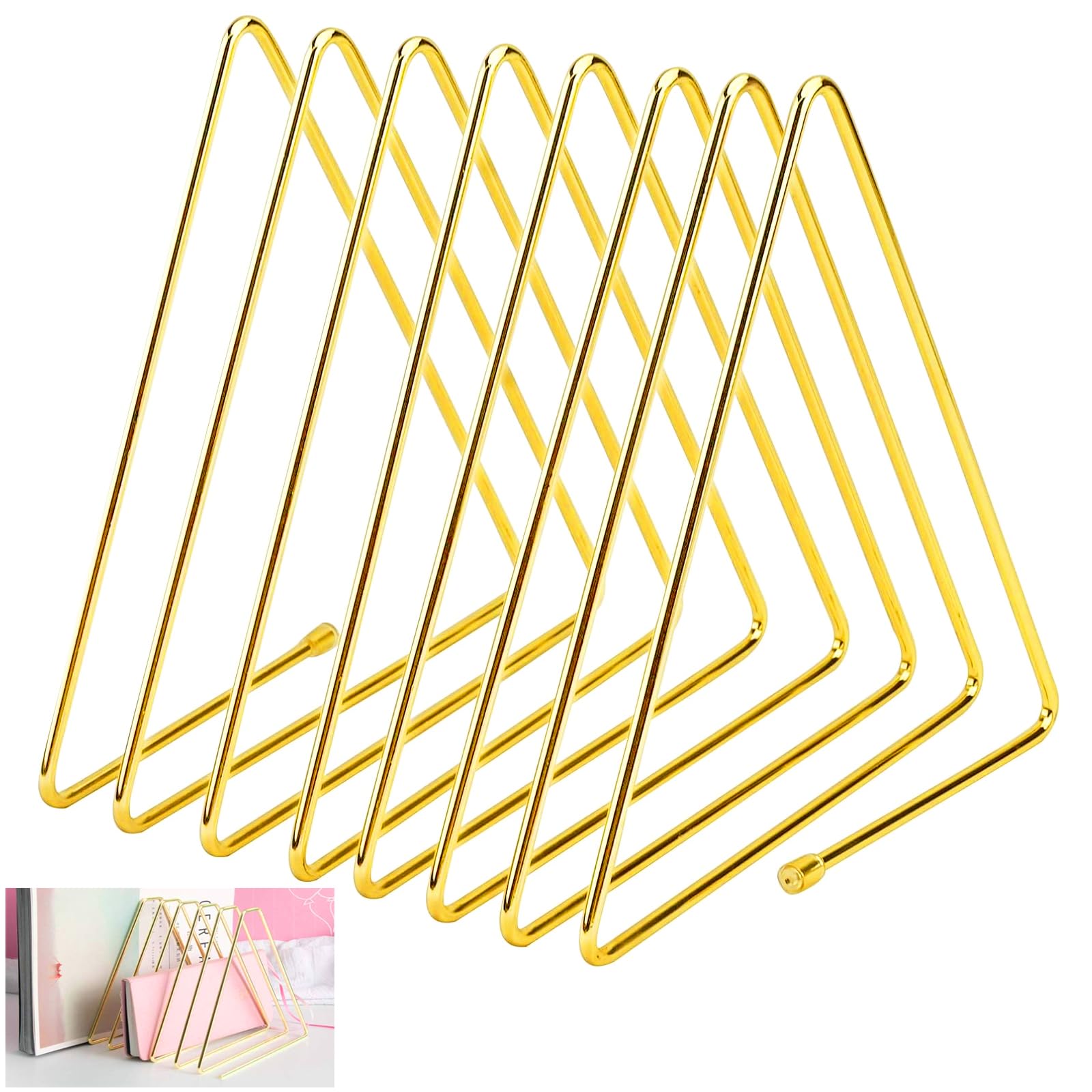 Metall Dreieck Bücherregal, Dreieckig Zeitungshalter, Halter Dreieck Desktop Metall, 7 Steckplätze Zeitungsständer, Dokumente Ordner Ständer, für Zierpflanzen, Bücherregal, Zeitschriftenständer, Gold