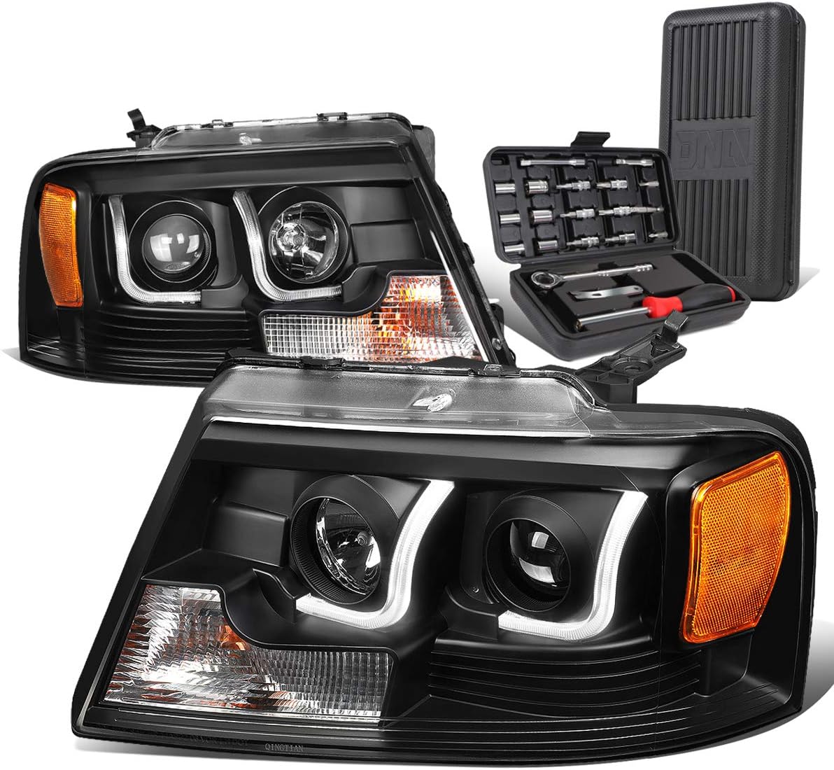 Auto Dynasty Dual LED DRL L-Bar Projector Black Amber Corner Headlight+Tool Kit Compatible with Ford F-150 Lincoln Mark LT 04-08