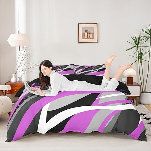Manfei Juego de funda de edredón de tamaño matrimonial, juego de ropa de cama de 3 piezas con círculos de rayas onduladas abstractas para decoración