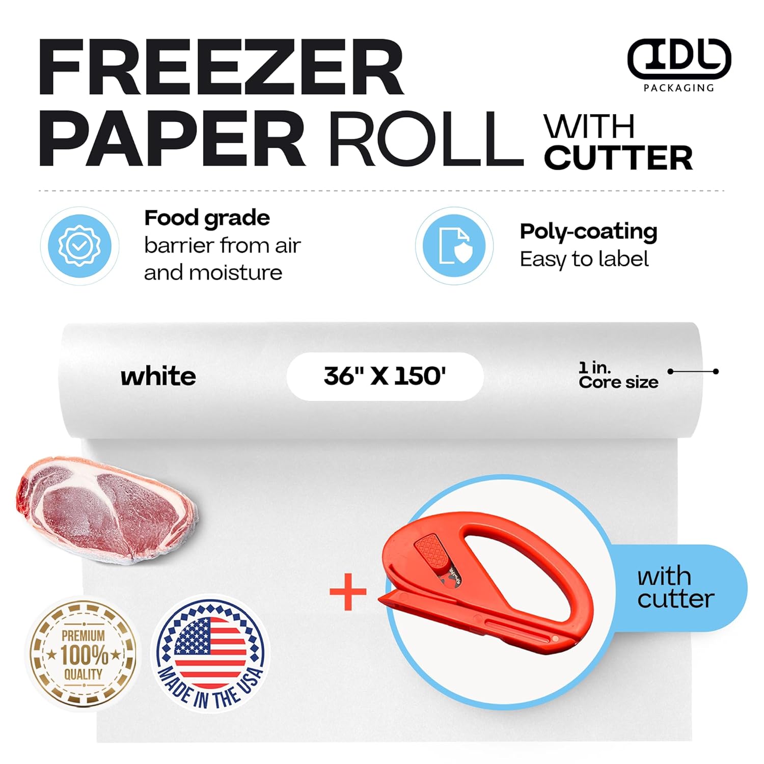 White Freezer Paper Roll 36" x 1800" (150 feet) with Cutter - USA-made Freezer Paper for Meat & Fish - Poly-Coated Food Wrapping Material for Freezing - Barrier Against Air & Moisture by IDL Packaging