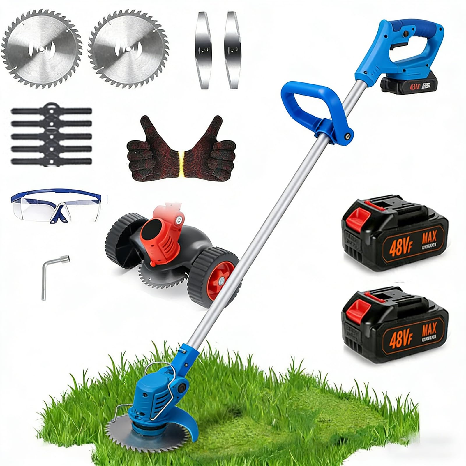 Elektryczna podkaszarka do trawy Weed Wacker, bezżyłkowa podkaszarka do trawy 3 w 1, zasilana na 2 akumulatory, lekka do pielęgnacji trawników i ogrodu blue