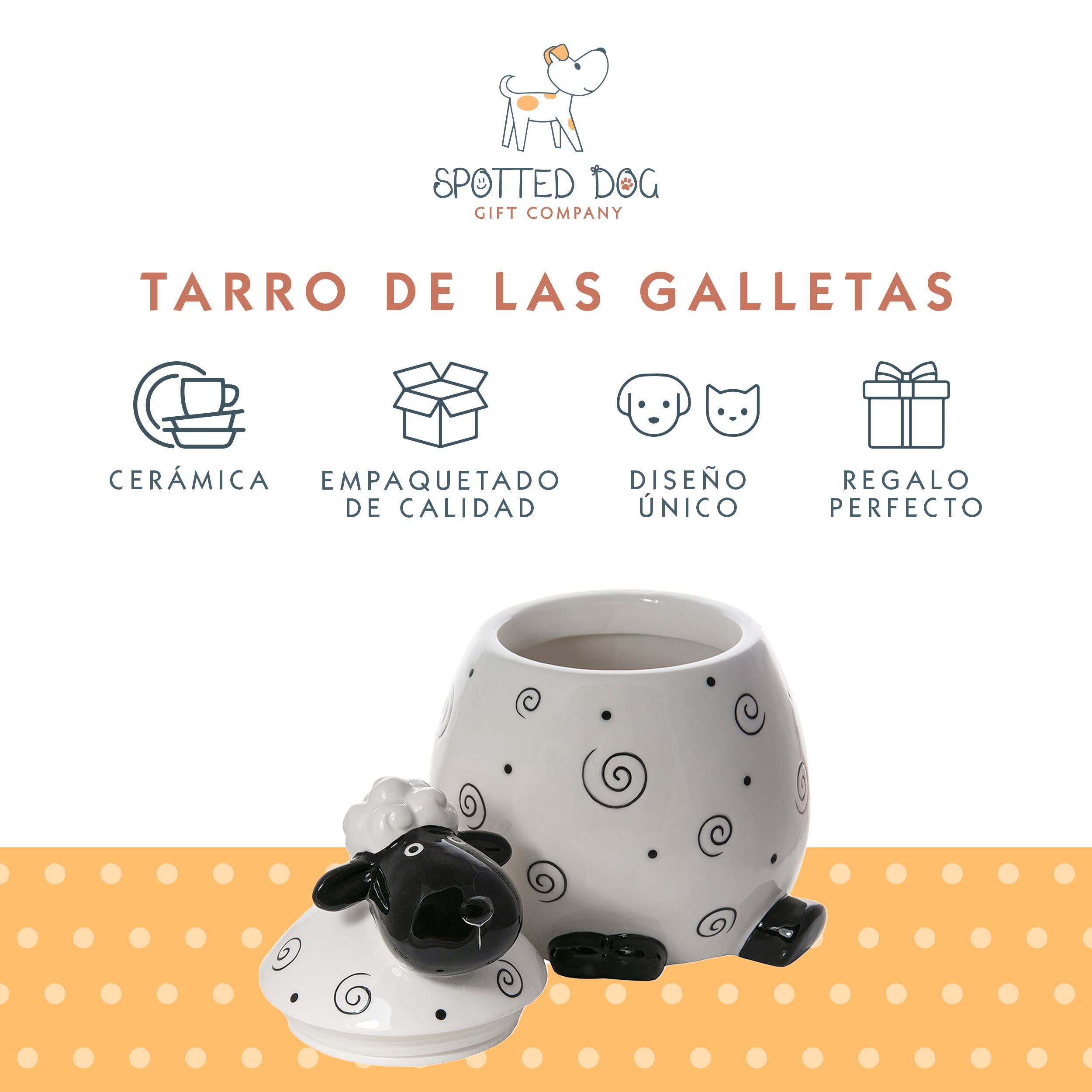 SPOTTED DOG GIFT COMPANY Bote Galletas de Cerámica con Oveja, 2200 ml Galletero Negro y Blanco con Tapa, Regalo para Amantes Animales