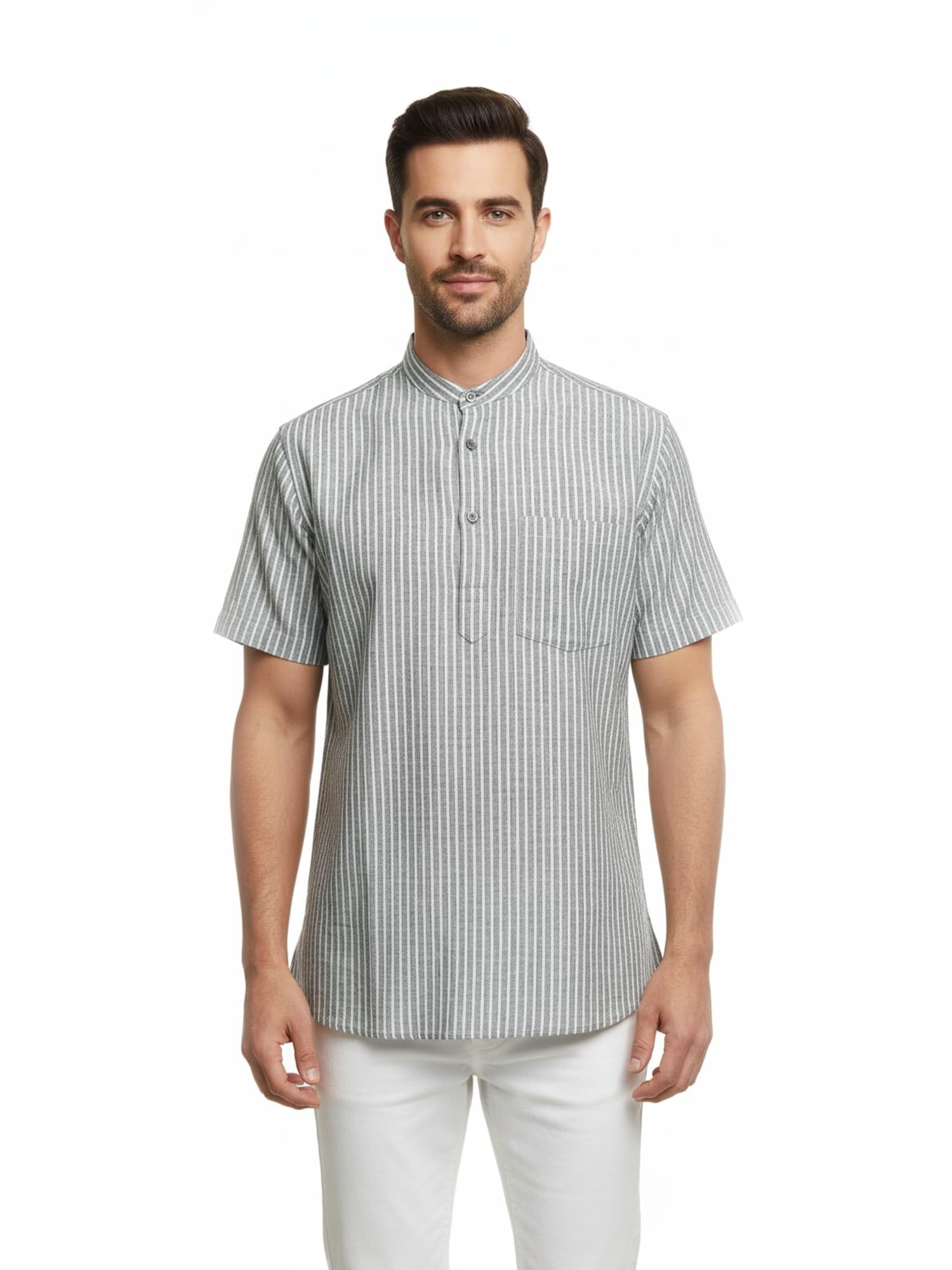 twist99 Mens Cotton Linen Half Sleeve Plus Size Short Kurta (Grey Stripes) (in, Alpha, 3XL, Grey Stripes)-picture-28