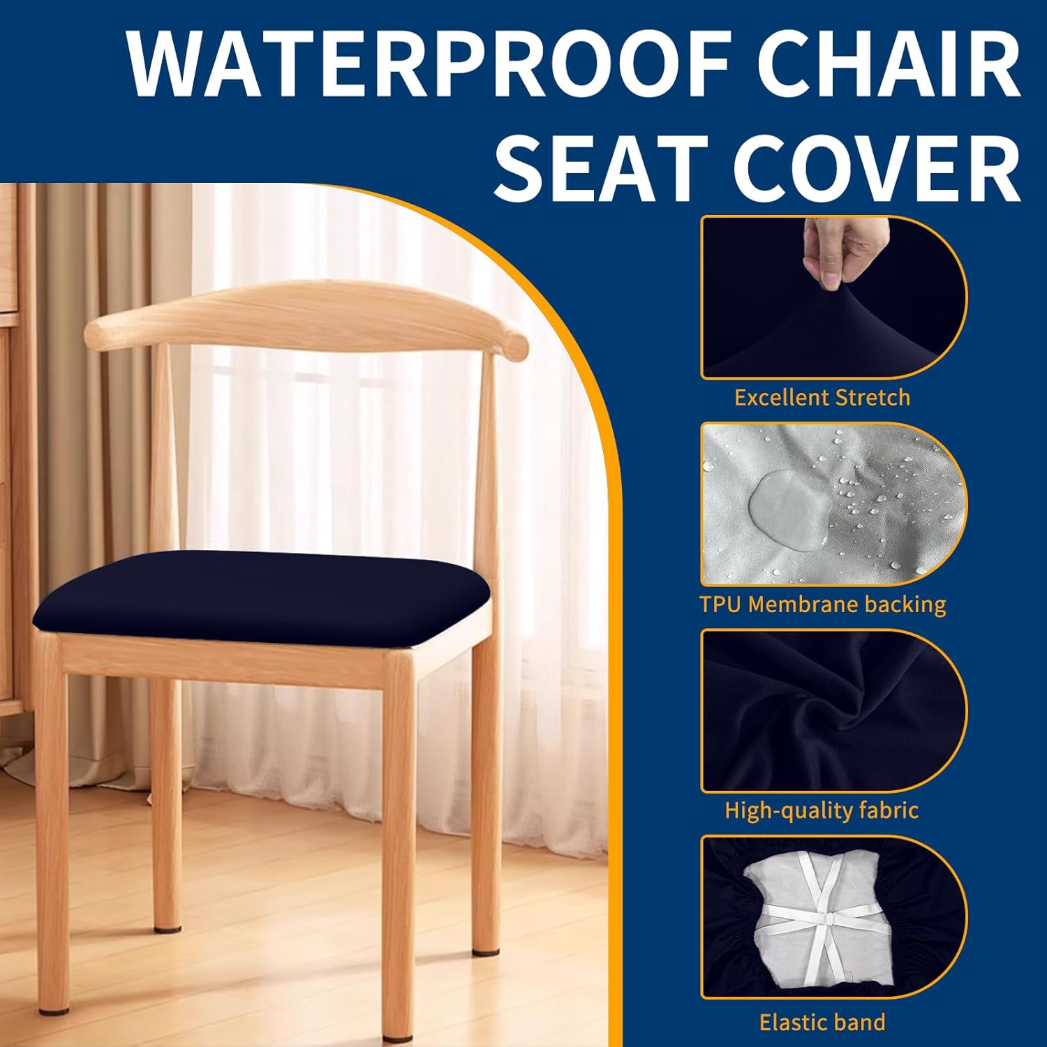 Waterproof Dining Chair Seat Covers Set of 8, Stretch Removable Dining Room Seat Covers for Dining Chairs, Kitchen, Hotel, Party