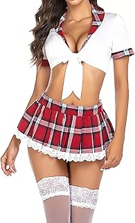 Yishark Lingerie Set Women Sexy Schoolgirl Outfits Bedroom Tartan Mini Skirt Fancy Dress UP Role Play School Uniform Cosplay Costume Naughty Lingerie for Valentines Christmas Halloween with Stockings