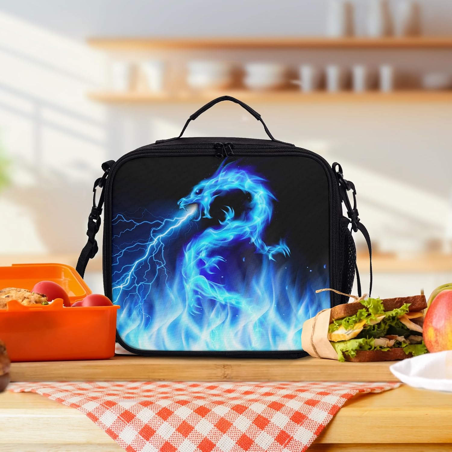 Blue Lightning Pattern Lunch Bag Blue Fire Dragon Lunch Boxes for Women/Man Office Work Travel, School, Work, Picnic, Durable Reusable Insulated Large Lunch Tote Bag with Adjustable Shoulder Strap - Image 6