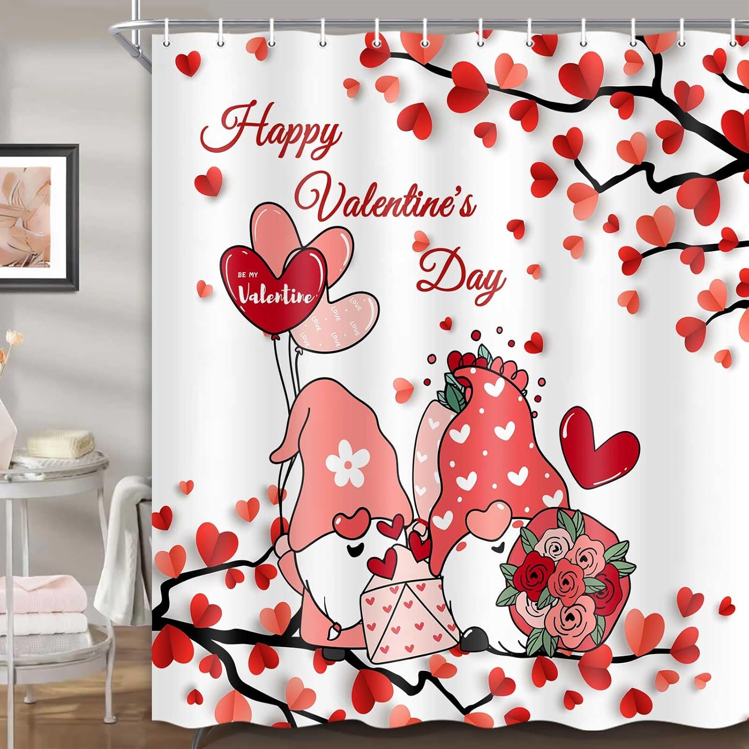 Valentines Shower Curtain, Cute Valentine Gnomes Shower Curtain Set with Hooks, Romantic Pink Red Hearts Farmhouse Fabric Bathroom Decor 72 x 72 Inches