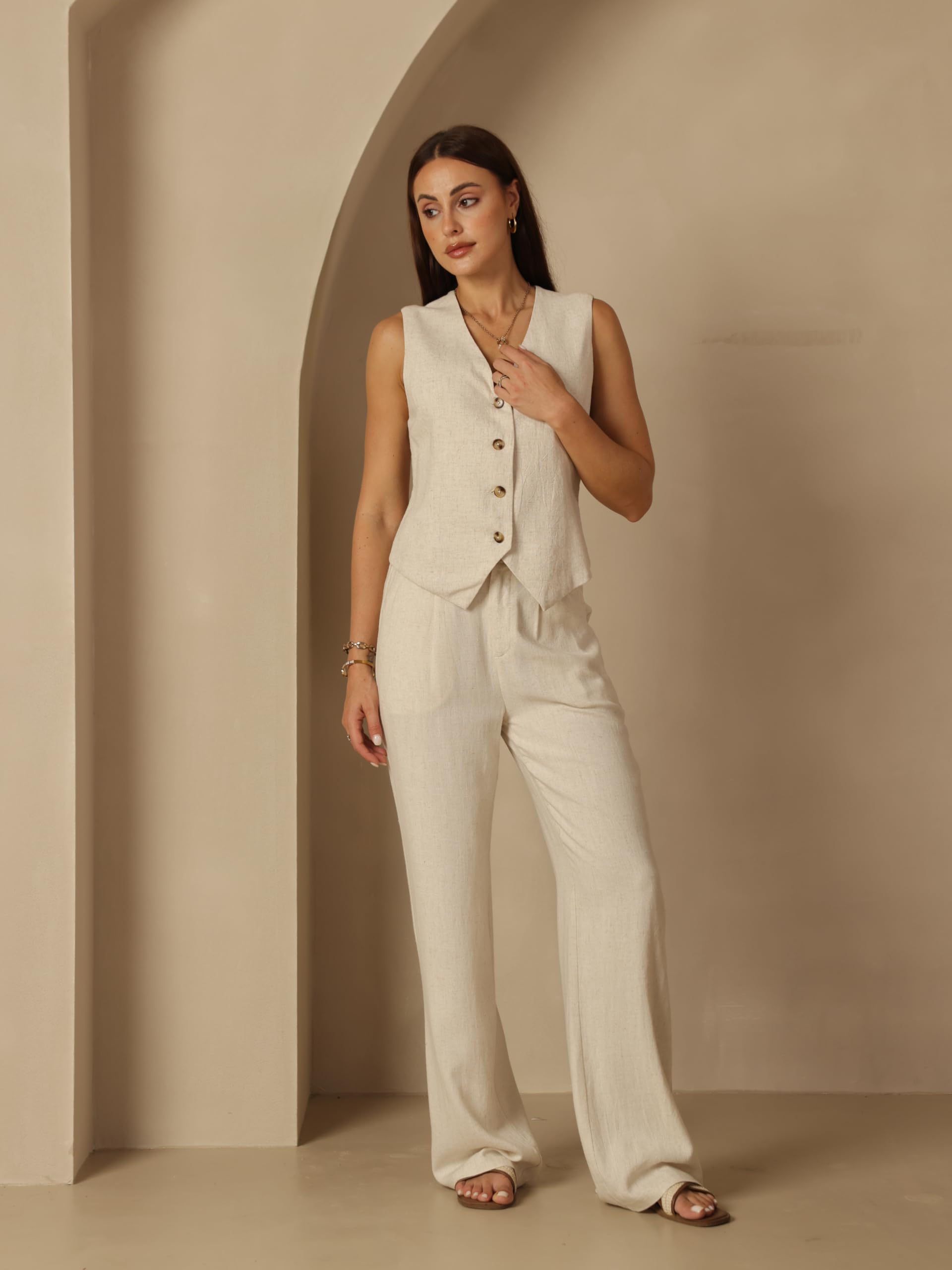 Fakanhui Pantalon habillé en lin pour femme - Pantalon de travail décontracté d'été - Jambe large - Pantalon droit en coton et lin